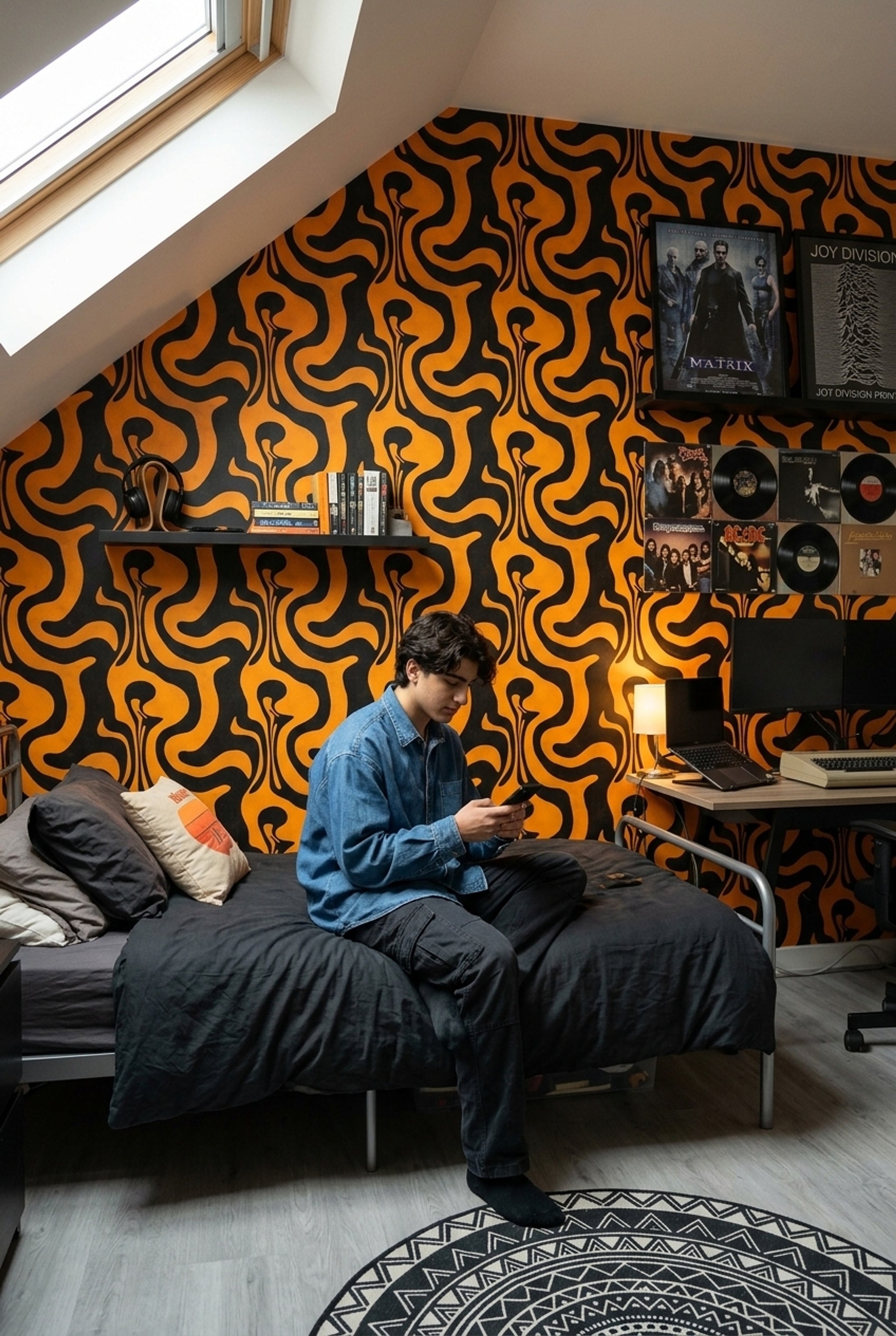 Siyah Sarı Soyut Dalgalı Duvar Kağıdı Modern Salon