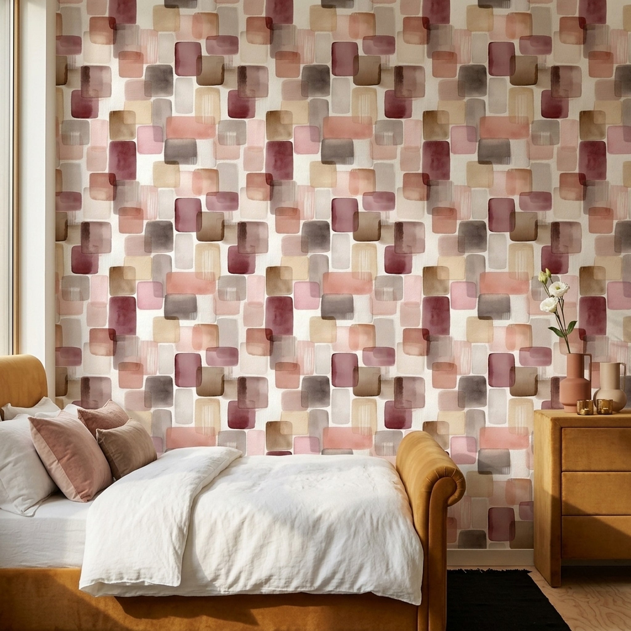 Renkli Geometrik Duvar Kağıdı Modern Kare Desenli Çocuk Odası