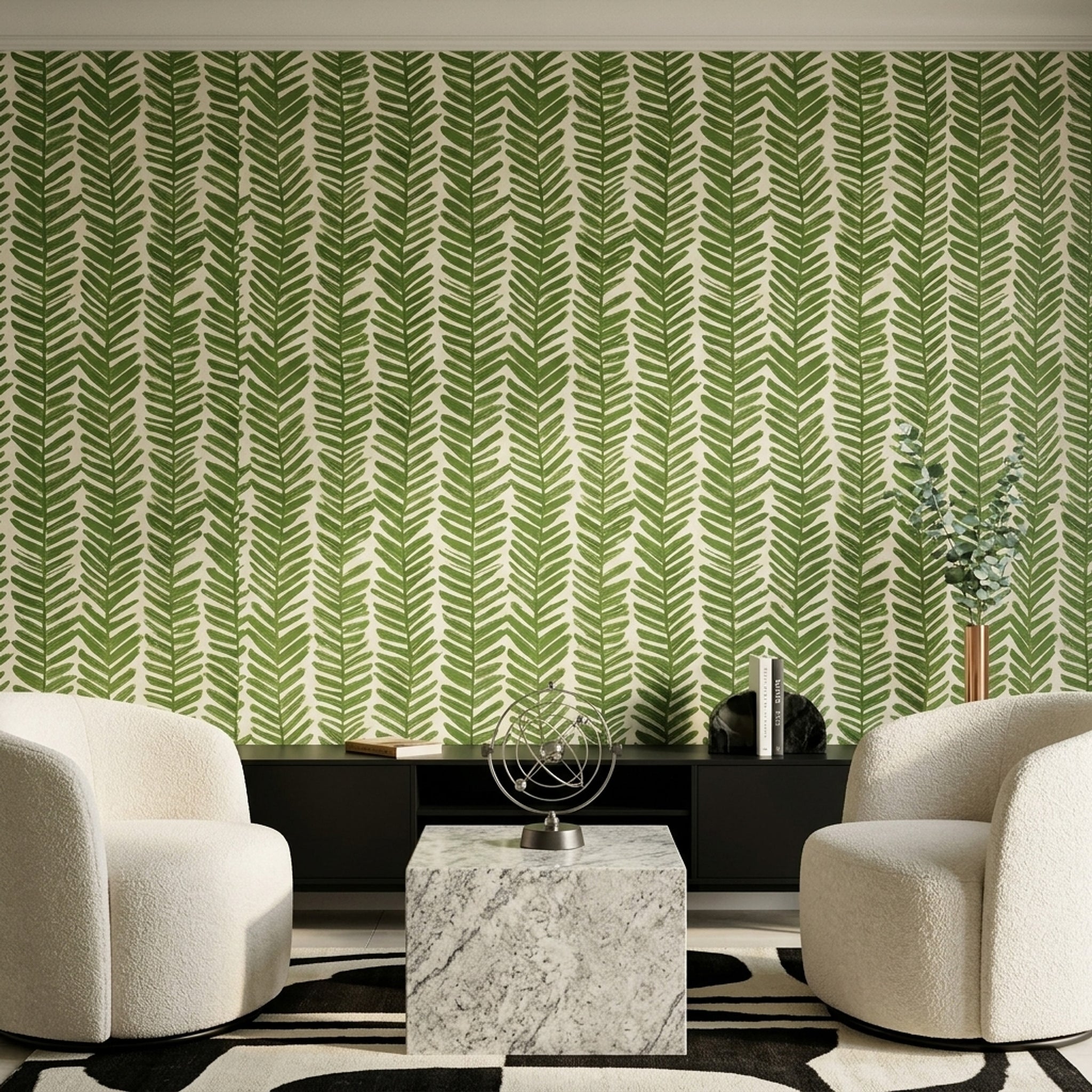Yeşil Yaprak Desenli Duvar Kağıdı Modern Salon Dekoru