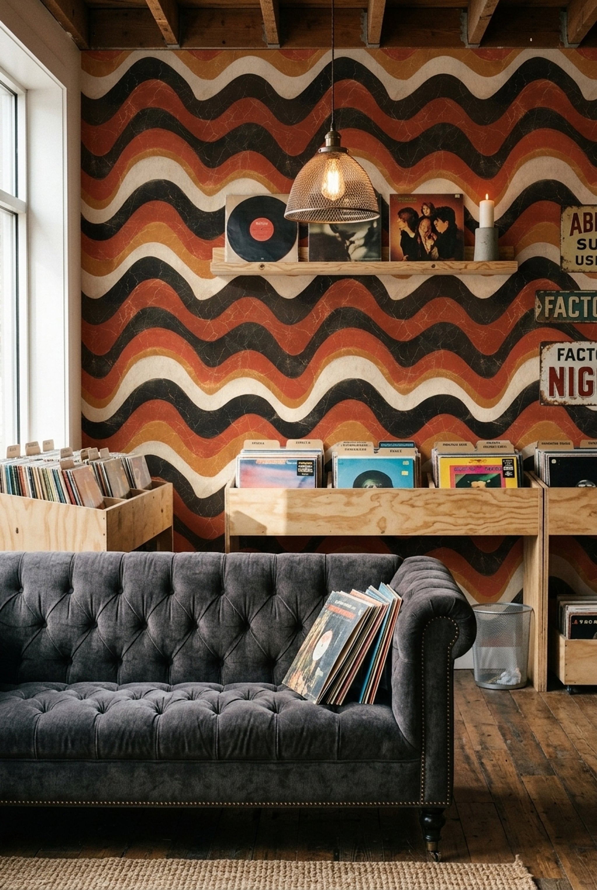 Retro Dalgalı Çizgili Duvar Kağıdı Turuncu Siyah Salon