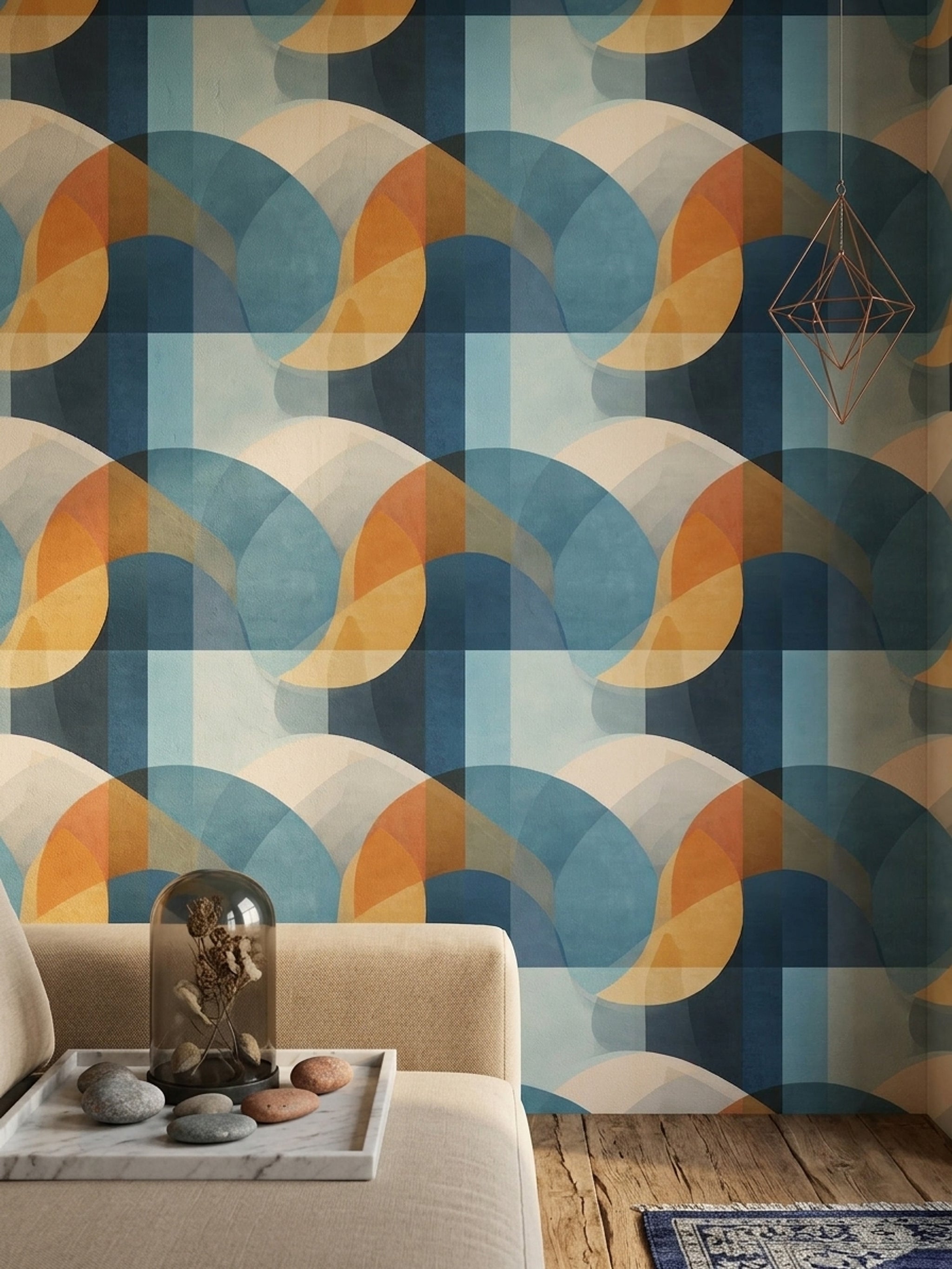 Geometrik Yarım Daire Desenli Duvar Kağıdı Mavi Turuncu Salon