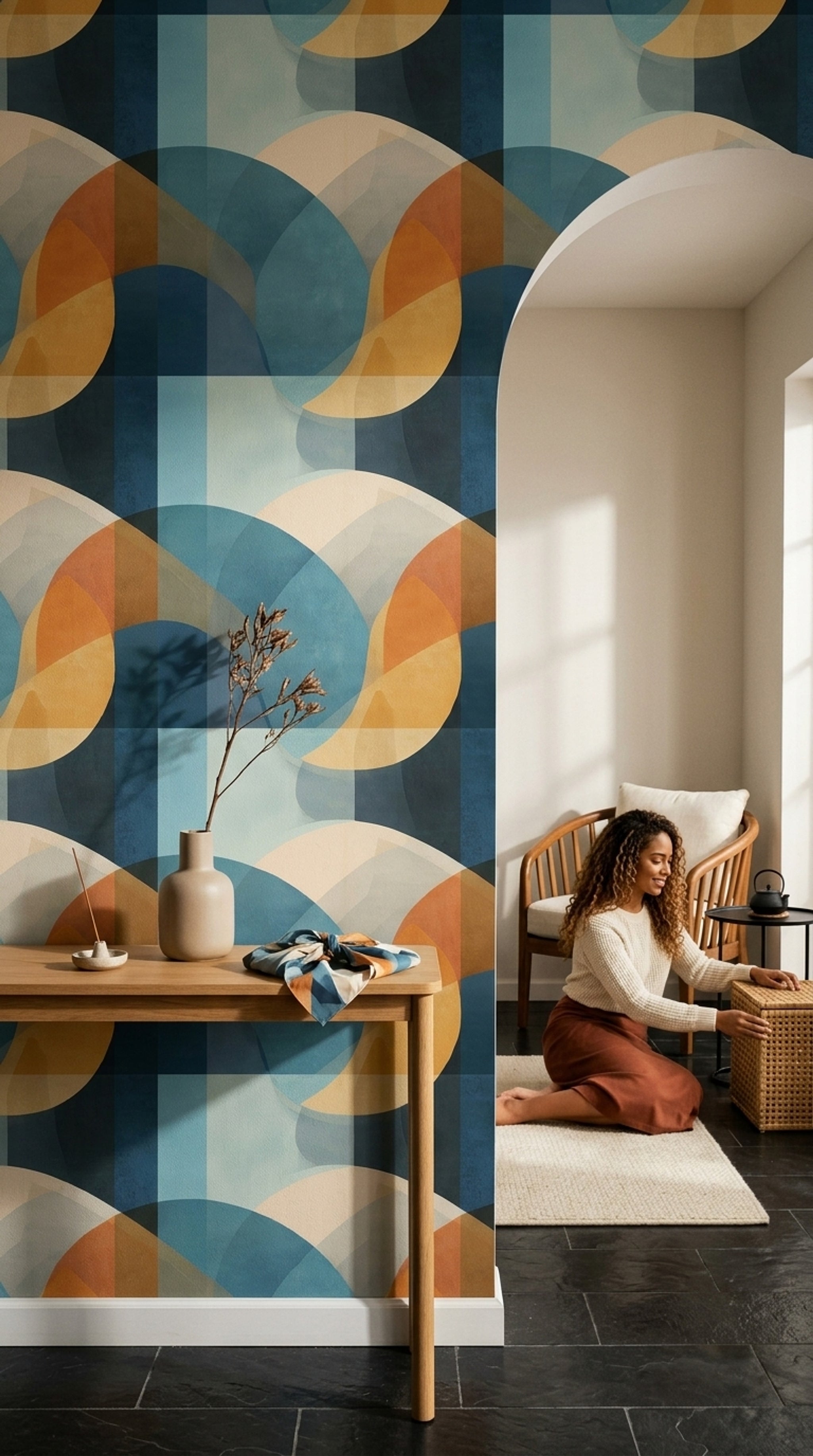 Geometrik Yarım Daire Desenli Duvar Kağıdı Mavi Turuncu Salon