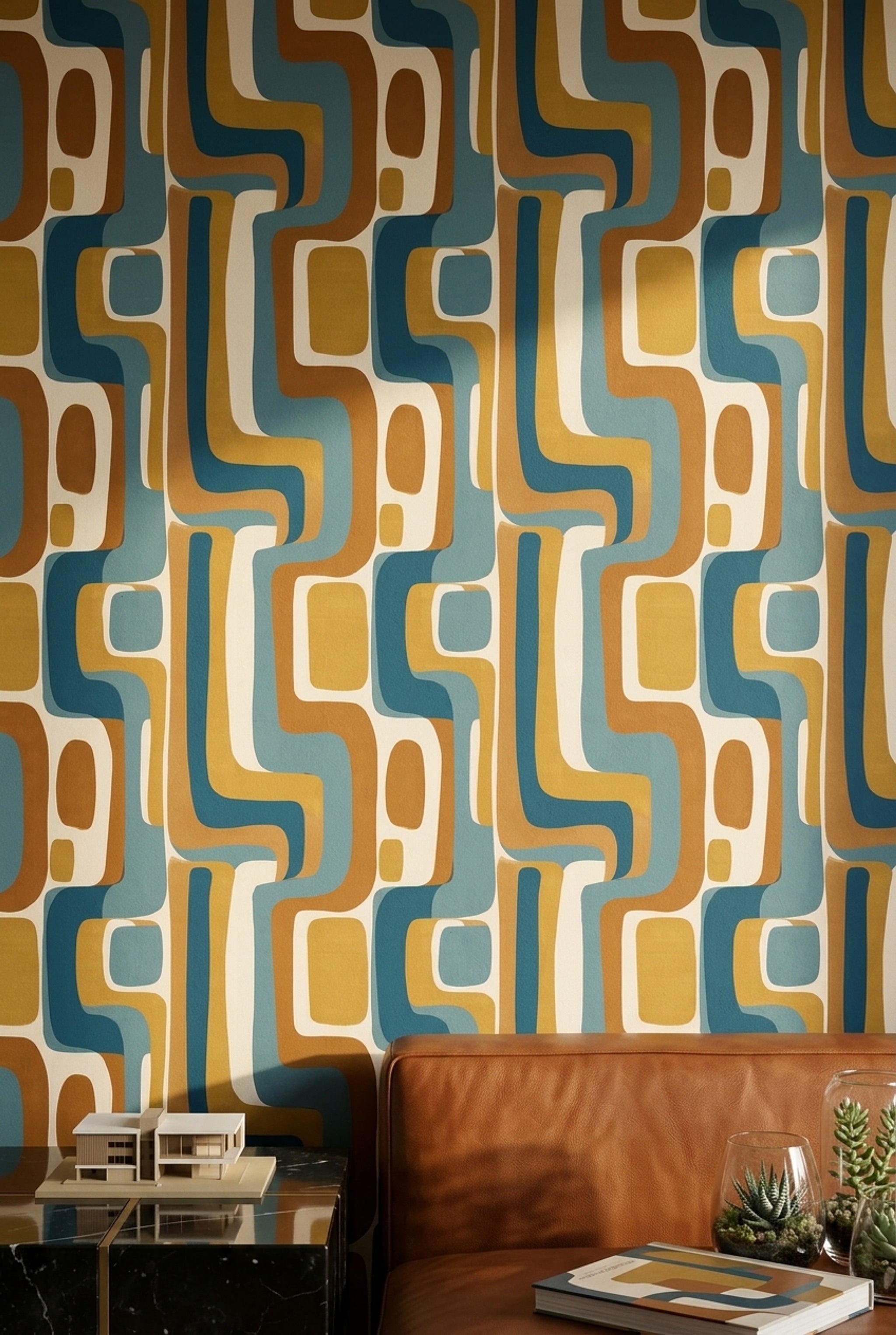 Retro Geometrik Duvar Kağıdı Mavi Hardal Desenli Salon