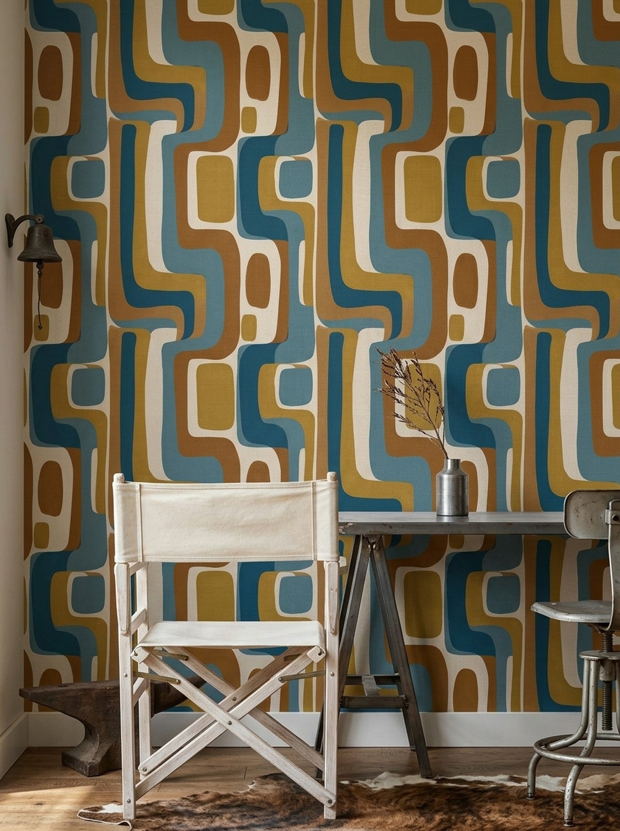 Retro Geometrik Duvar Kağıdı Mavi Hardal Desenli Salon