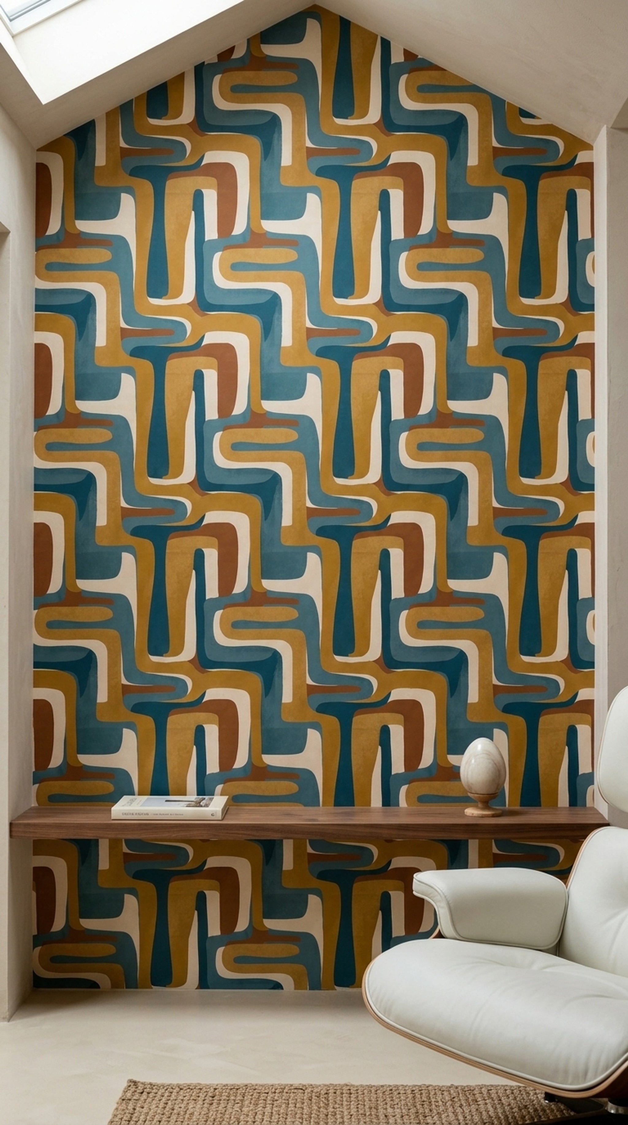 Retro Geometrik Duvar Kağıdı Mavi Hardal Desenli Salon
