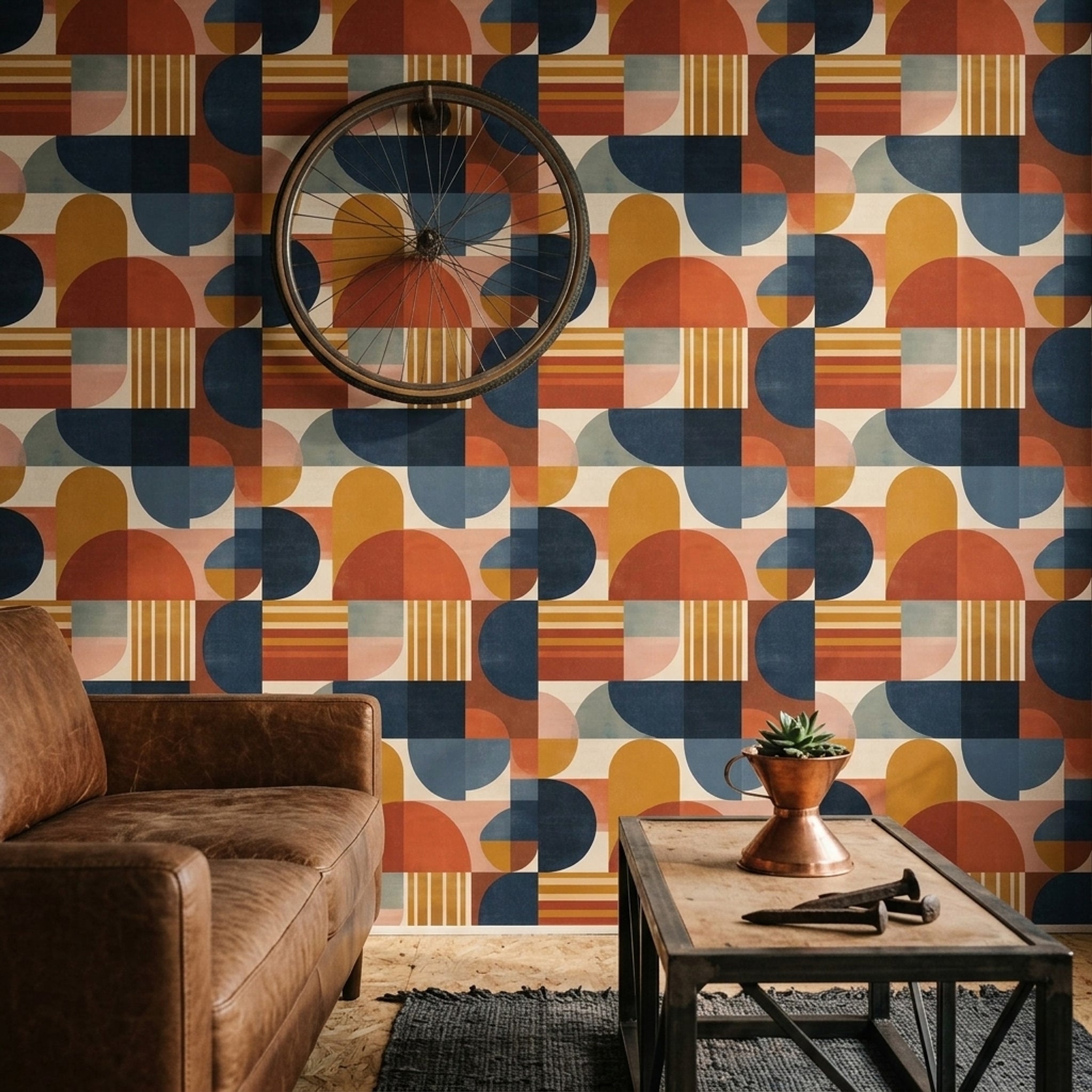 Retro Geometrik Duvar Kağıdı Lacivert Turuncu Salon Deseni