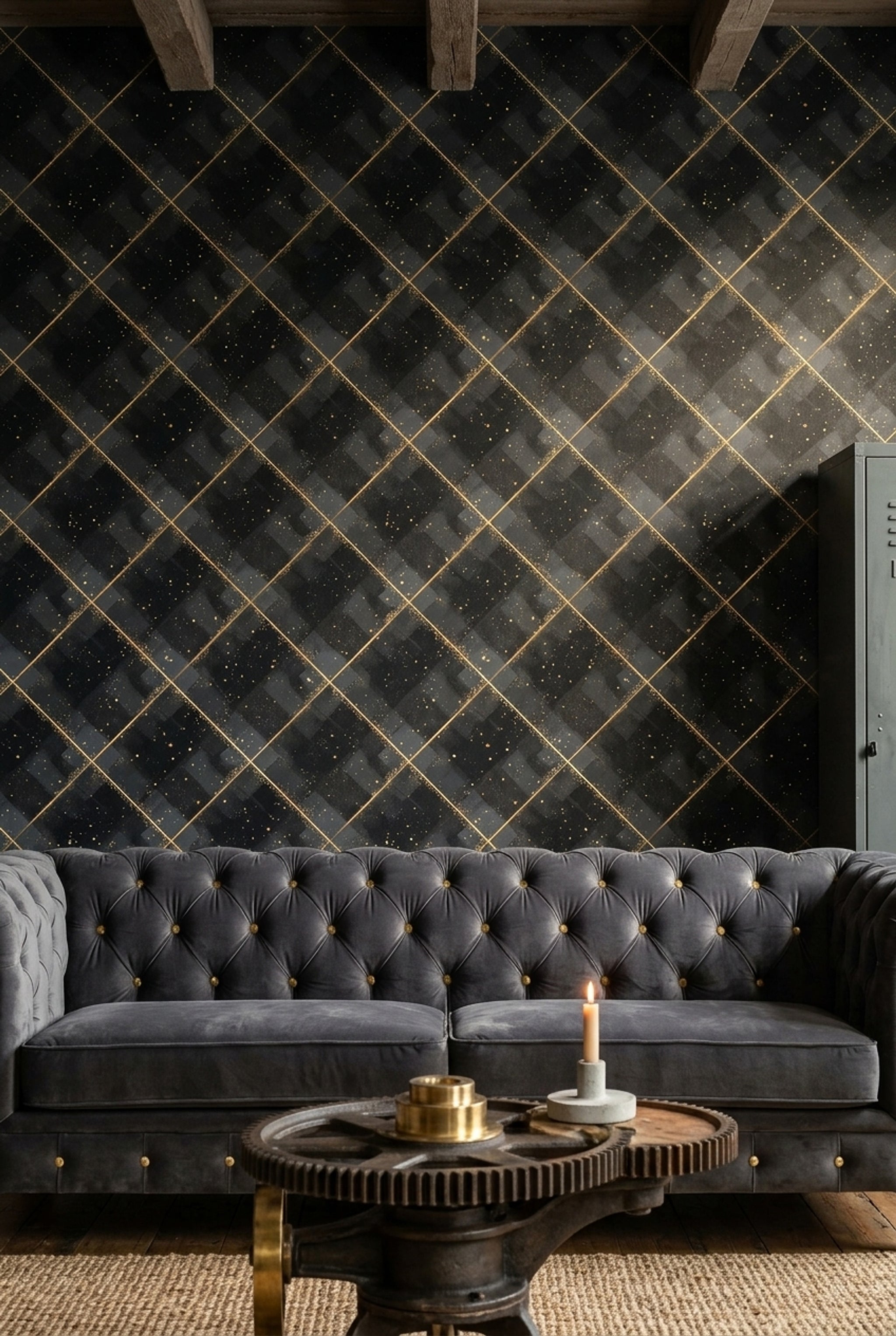 Siyah Altın Baklava Desenli Duvar Kağıdı Modern Salon