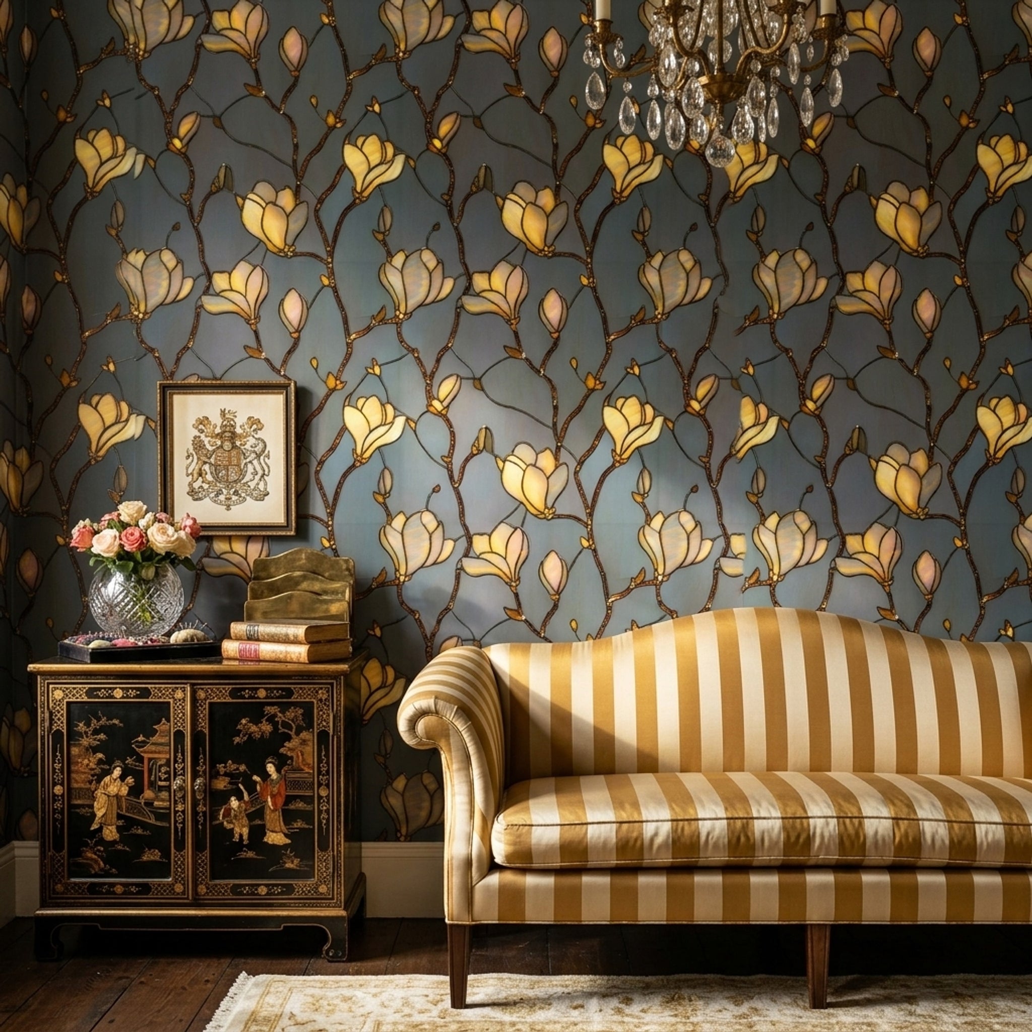 Manolya Çiçekli Duvar Kağıdı Lacivert Zemin Art Deco Desen
