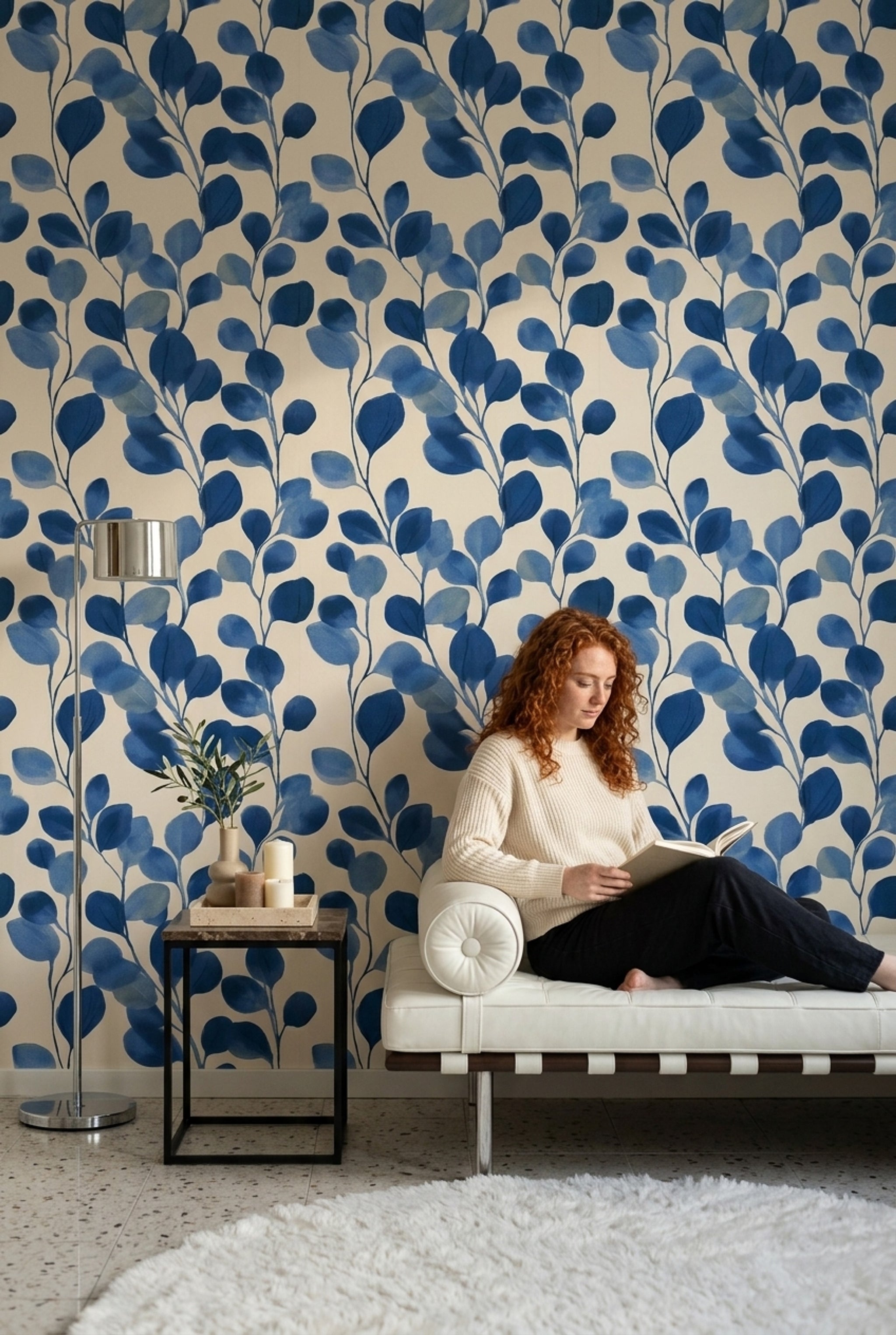 Mavi Yaprak Desenli Duvar Kağıdı Modern Salon Dekoru