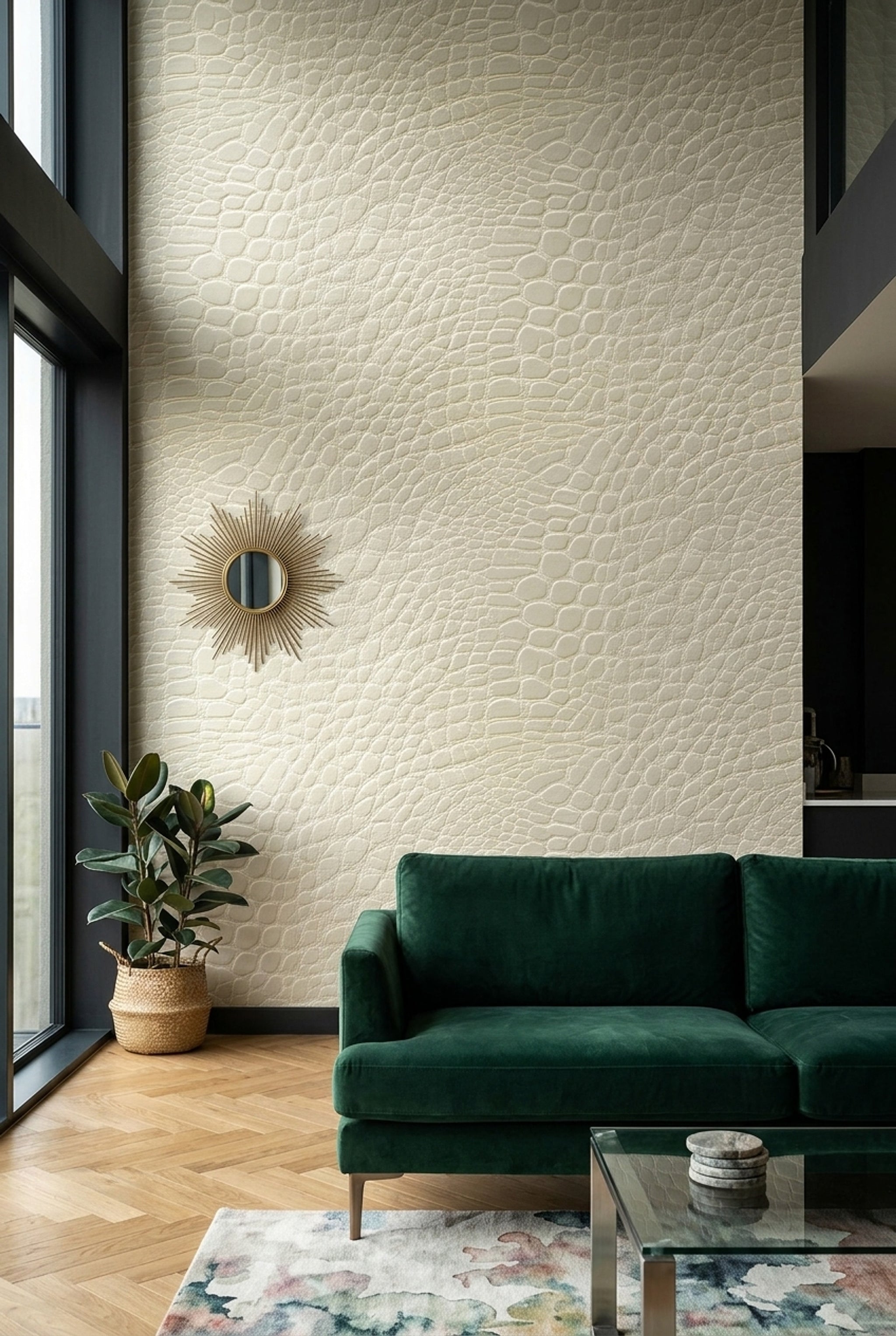 Krem Yılan Derisi Desenli Duvar Kağıdı Modern Salon