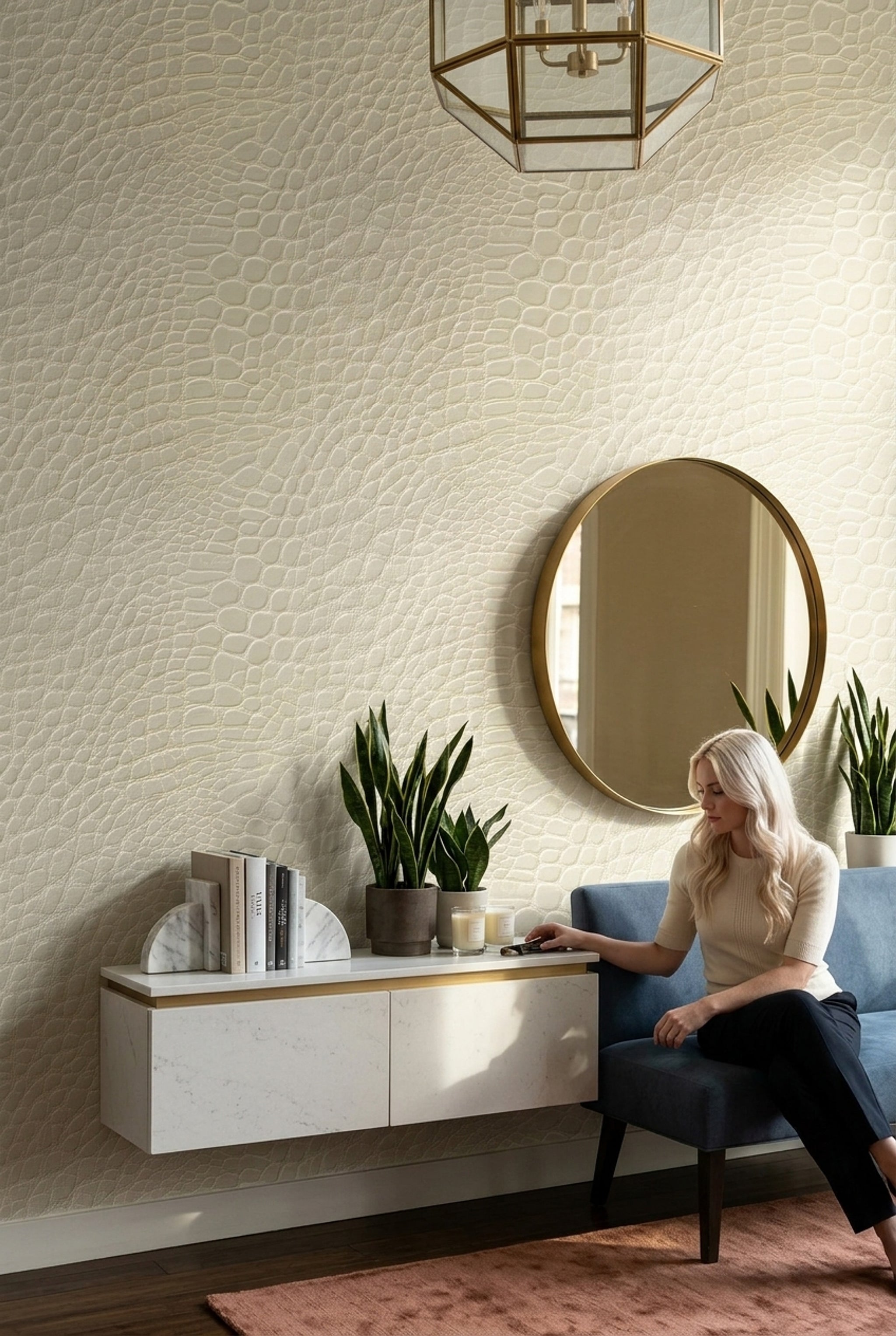 Krem Yılan Derisi Desenli Duvar Kağıdı Modern Salon