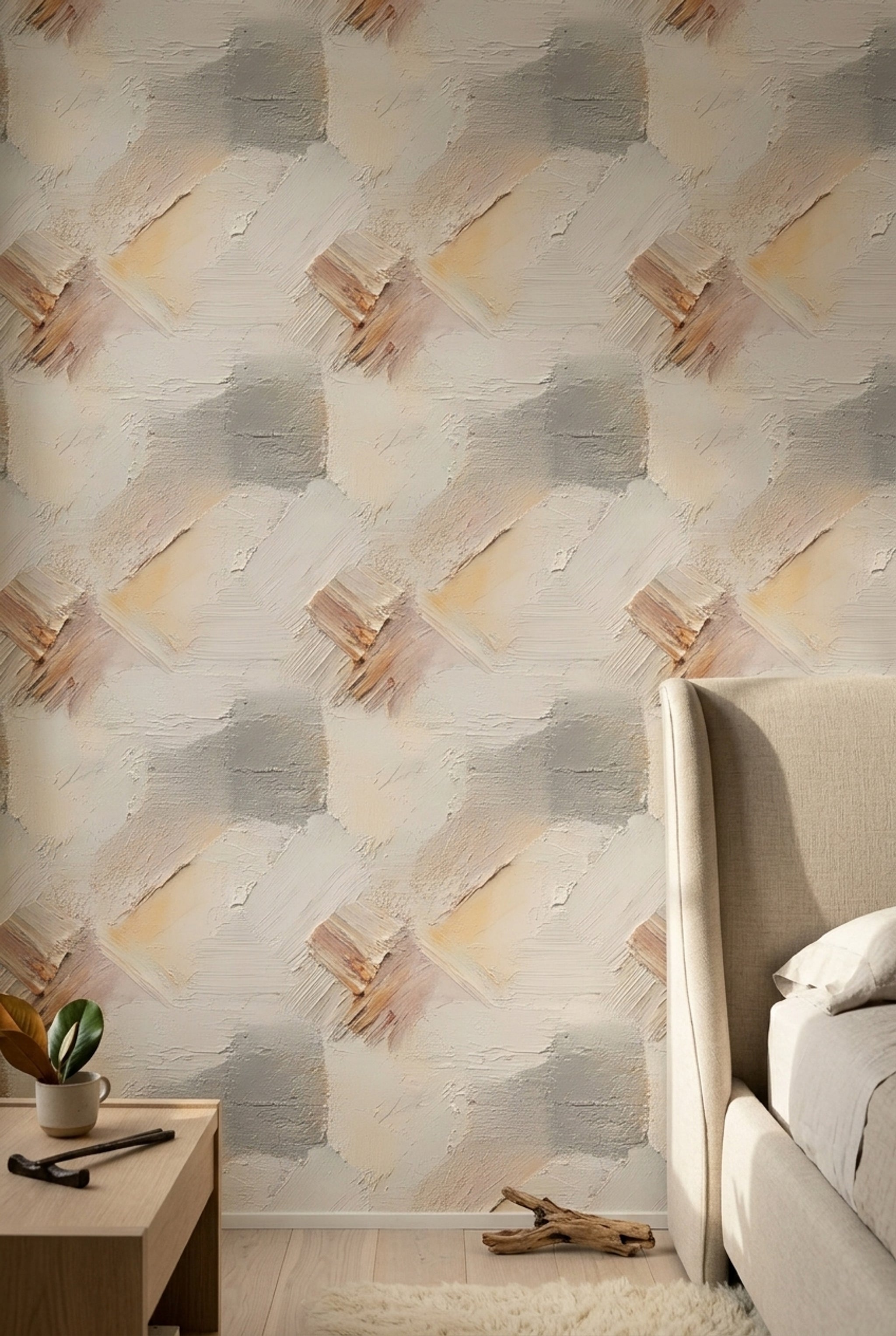 Soyut Fırça Darbeli Duvar Kağıdı Bej Gri Modern Salon