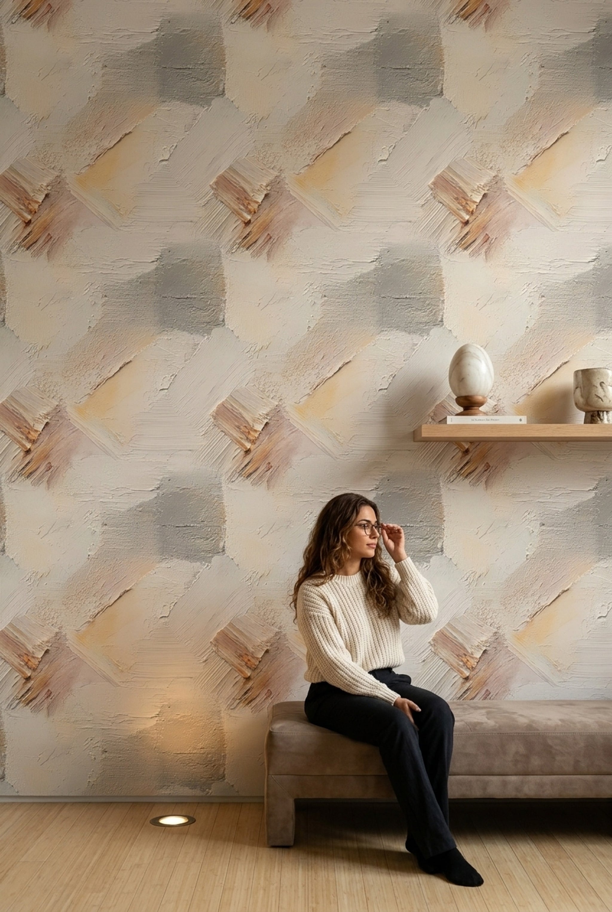Soyut Fırça Darbeli Duvar Kağıdı Bej Gri Modern Salon