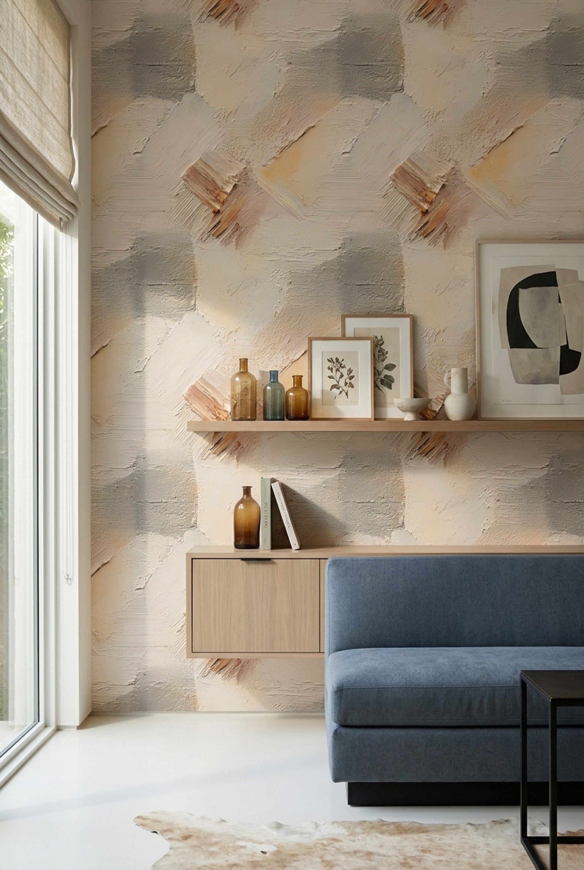 Soyut Fırça Darbeli Duvar Kağıdı Bej Gri Modern Salon