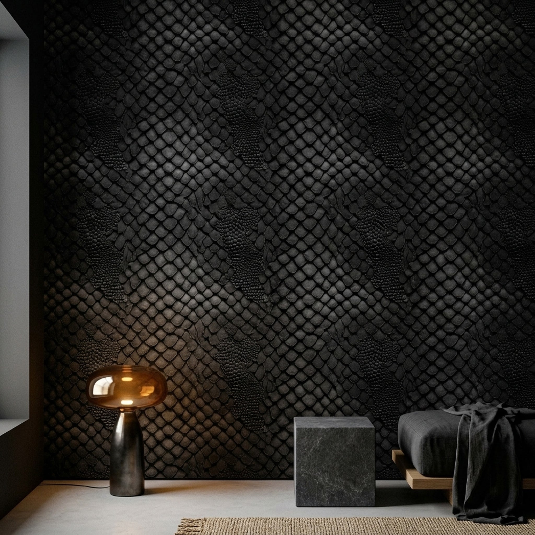Yılan Derisi Görünümlü Duvar Kağıdı Siyah Modern Salon