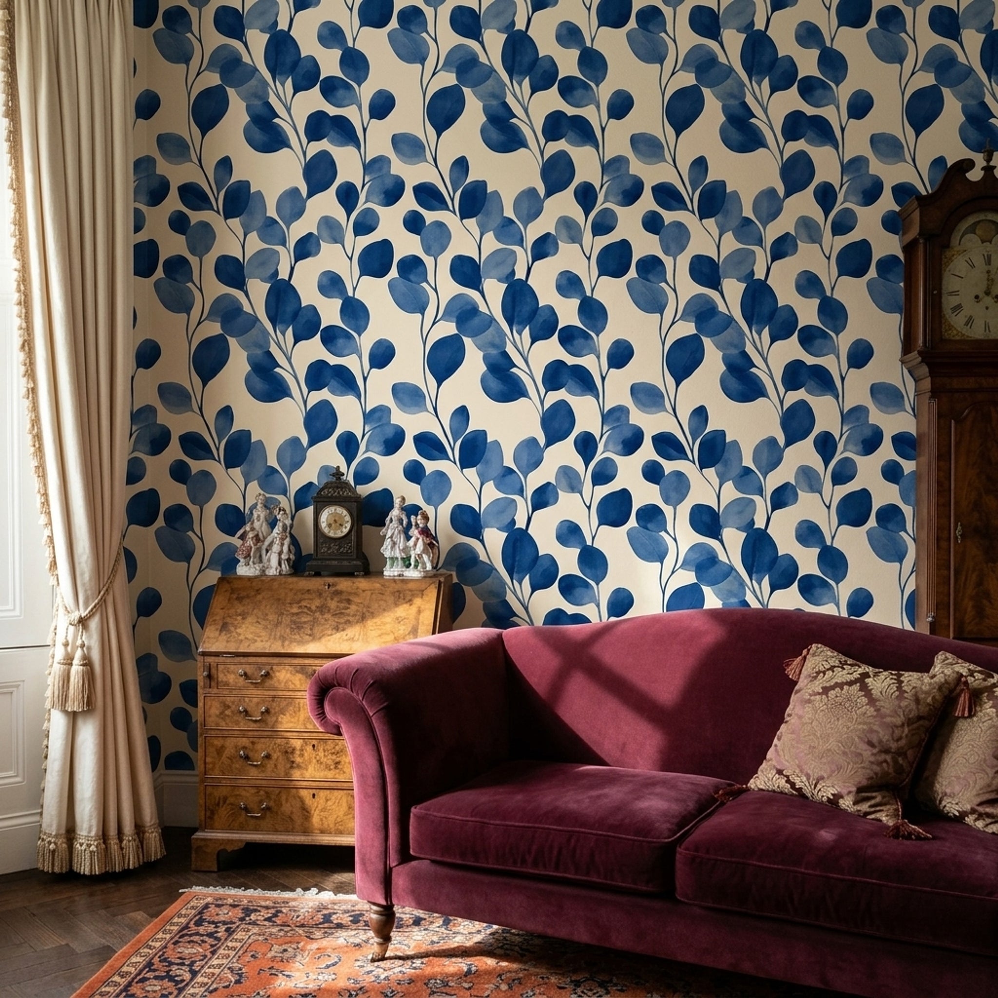 Mavi Yaprak Desenli Duvar Kağıdı Modern Salon Dekoru
