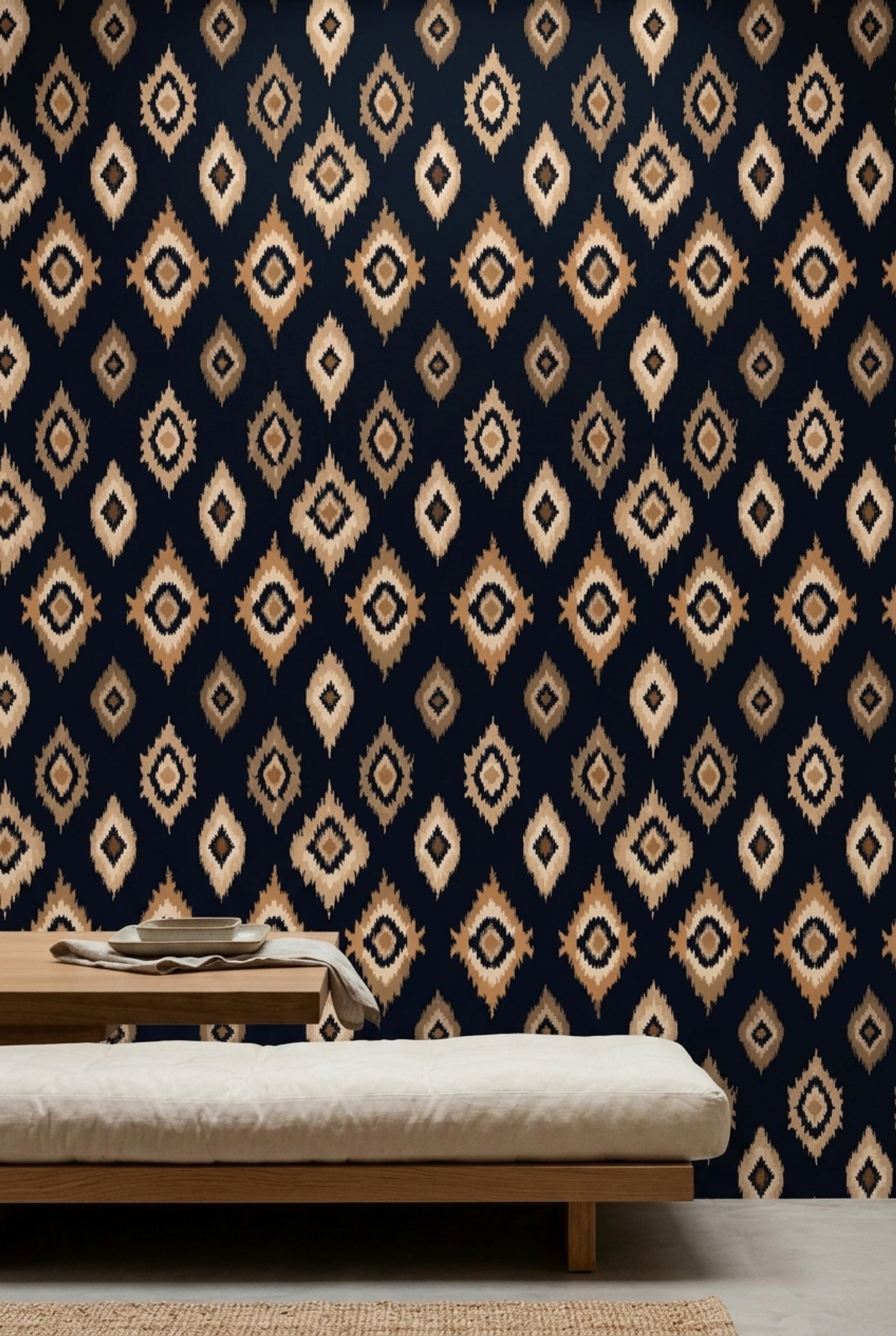 Etnik Kilim Desenli Duvar Kağıdı Lacivert Bej Salon