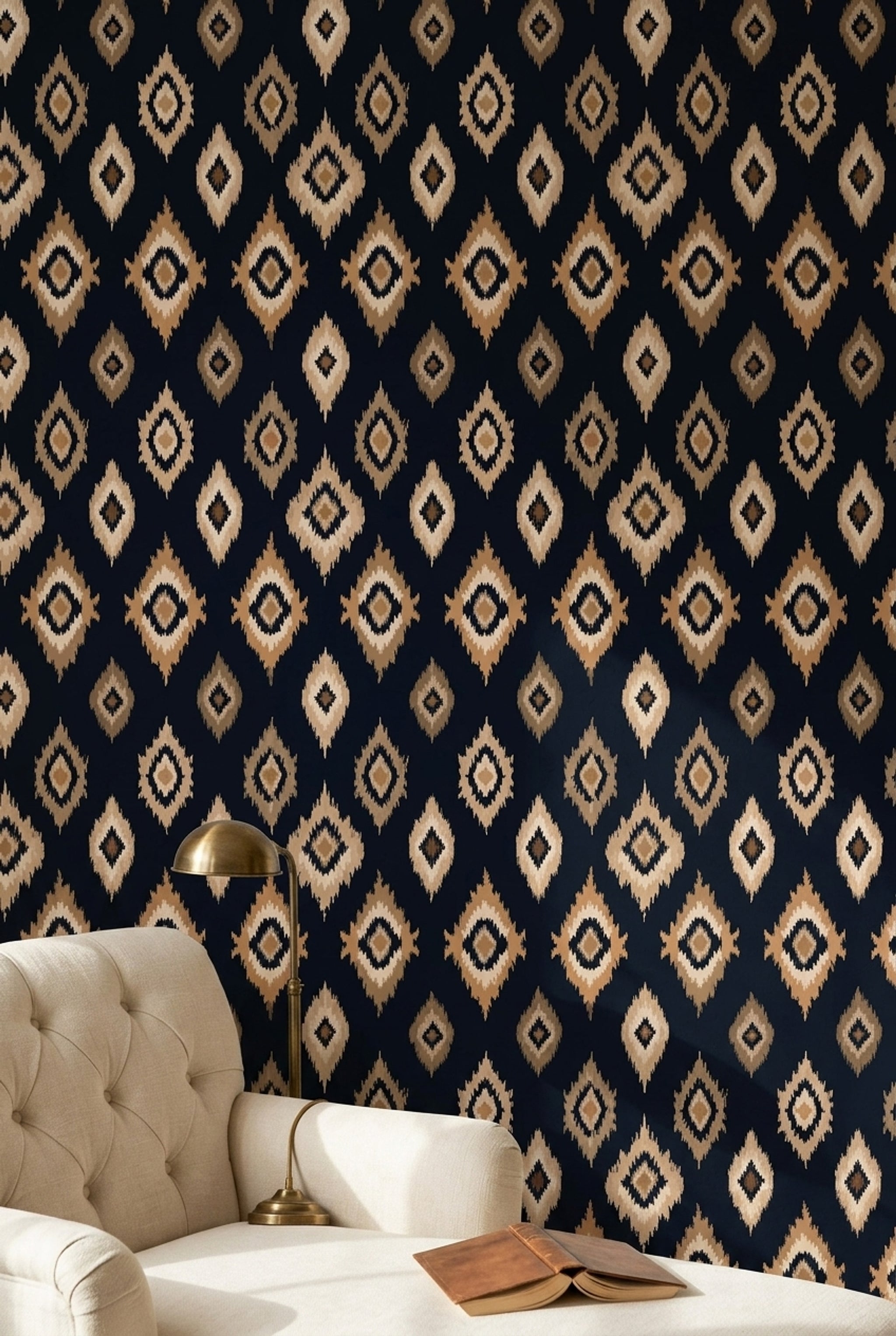 Etnik Kilim Desenli Duvar Kağıdı Lacivert Bej Salon