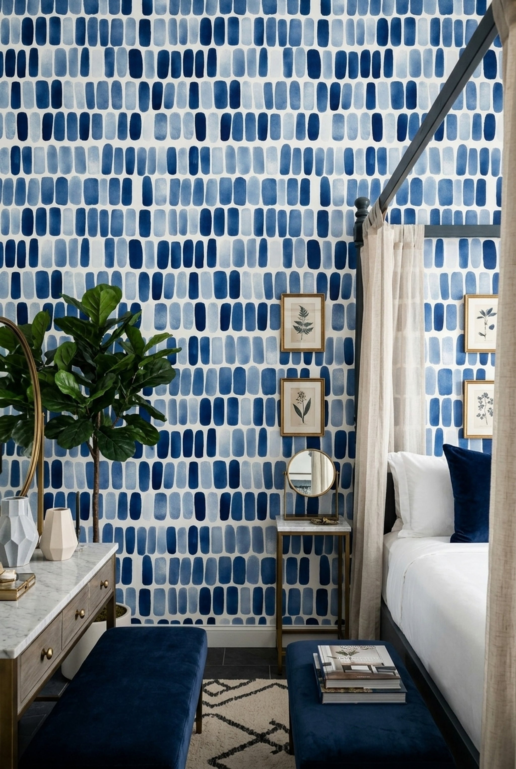 Mavi Fırça Darbeli Geometrik Duvar Kağıdı Modern Salon