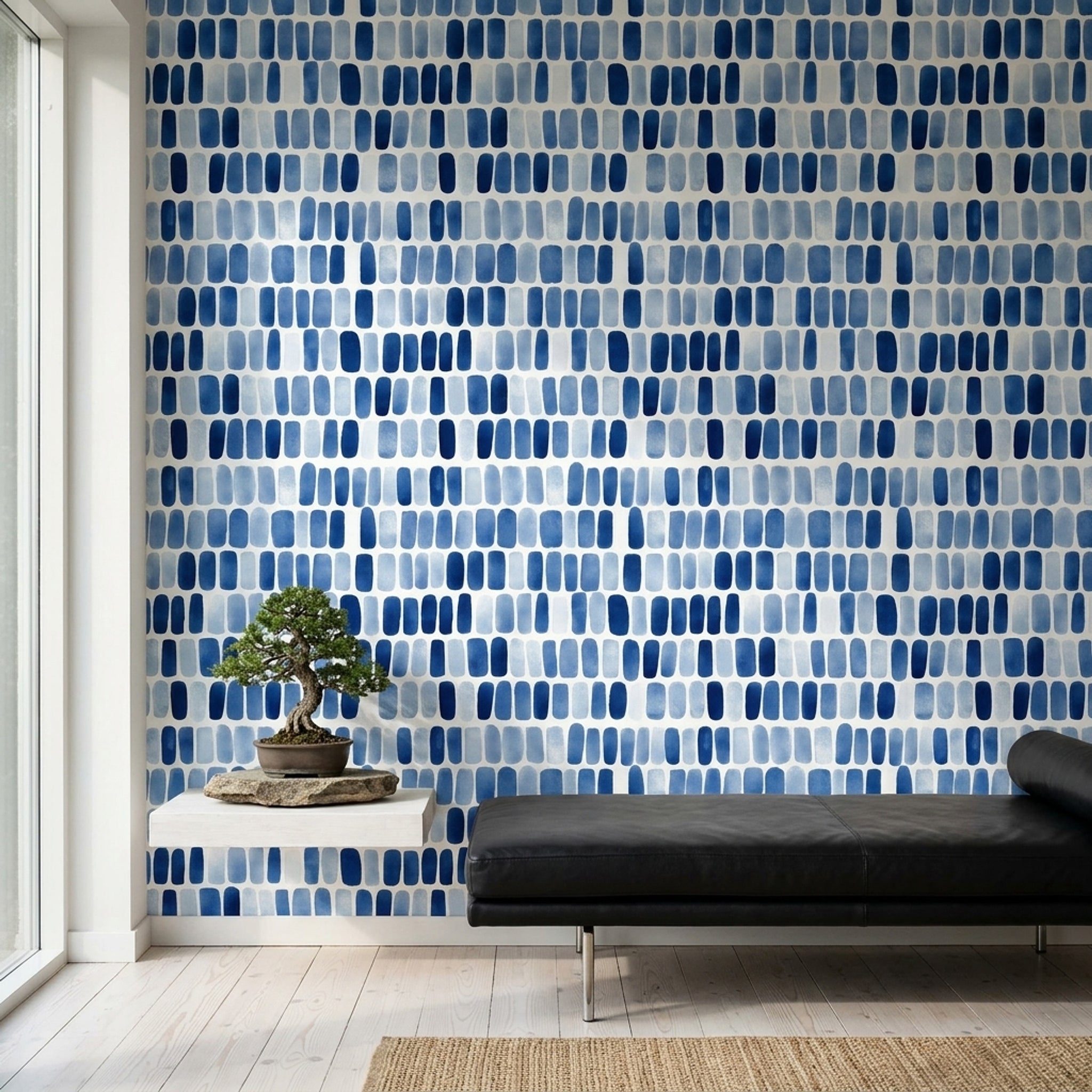 Mavi Fırça Darbeli Geometrik Duvar Kağıdı Modern Salon