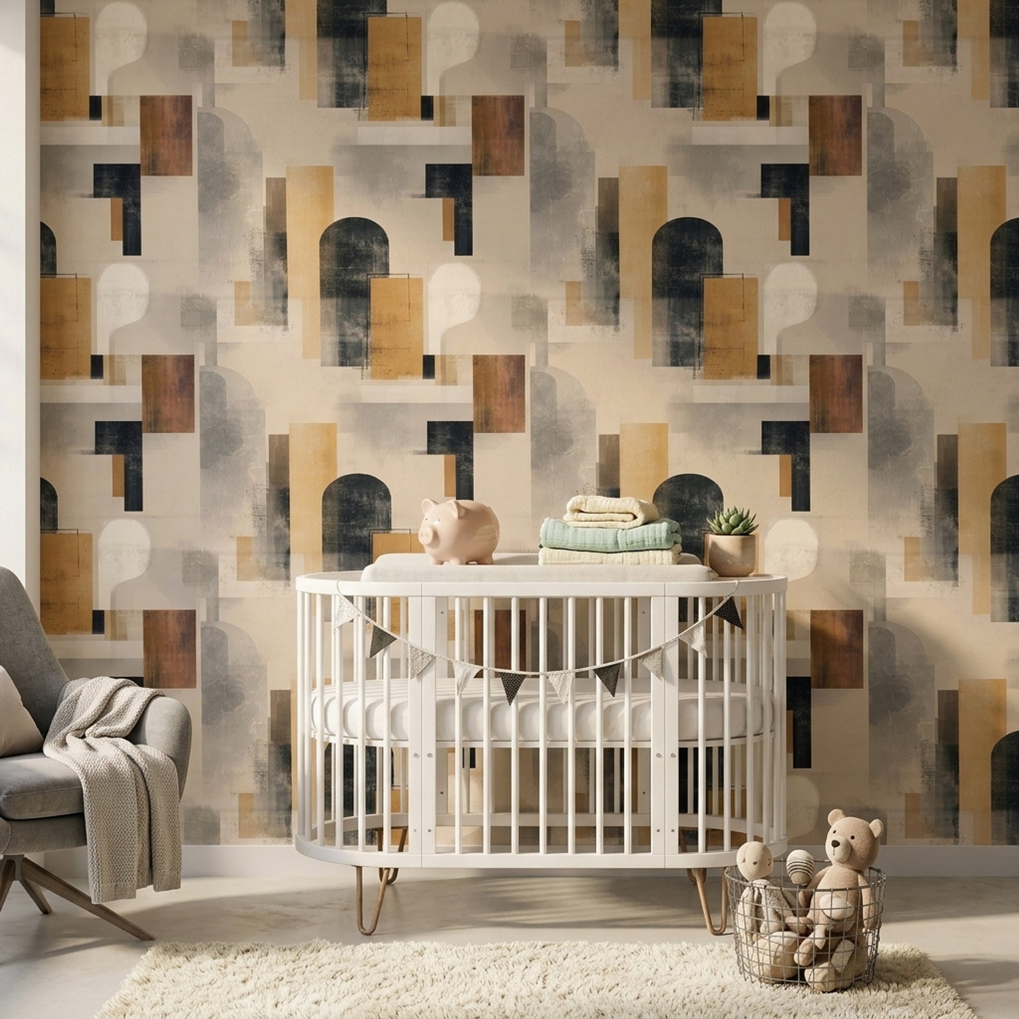 Soyut Geometrik Duvar Kağıdı Bej Siyah Modern Salon