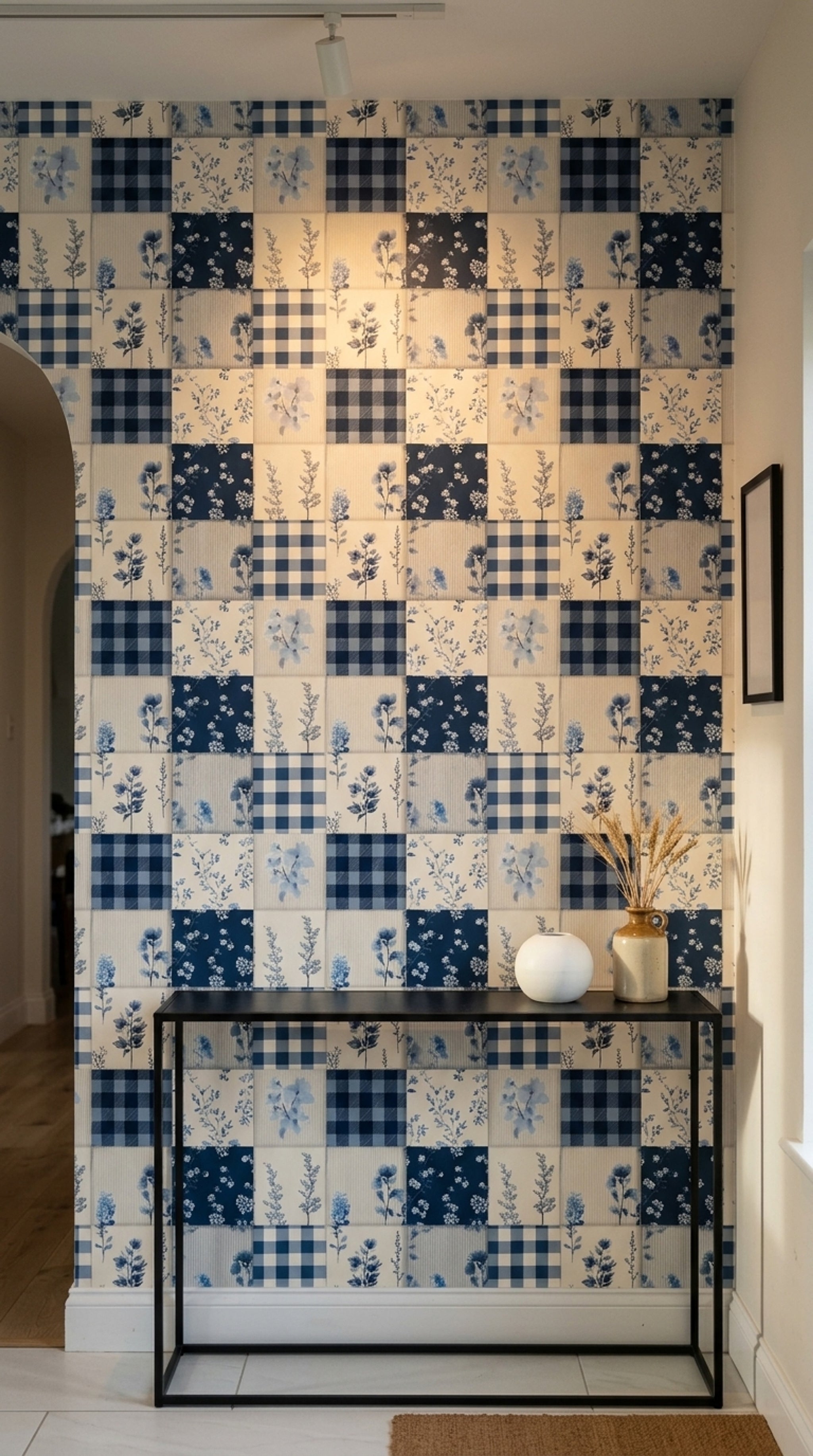 Mavi Ekose Çiçekli Duvar Kağıdı Patchwork Desenli Mutfak