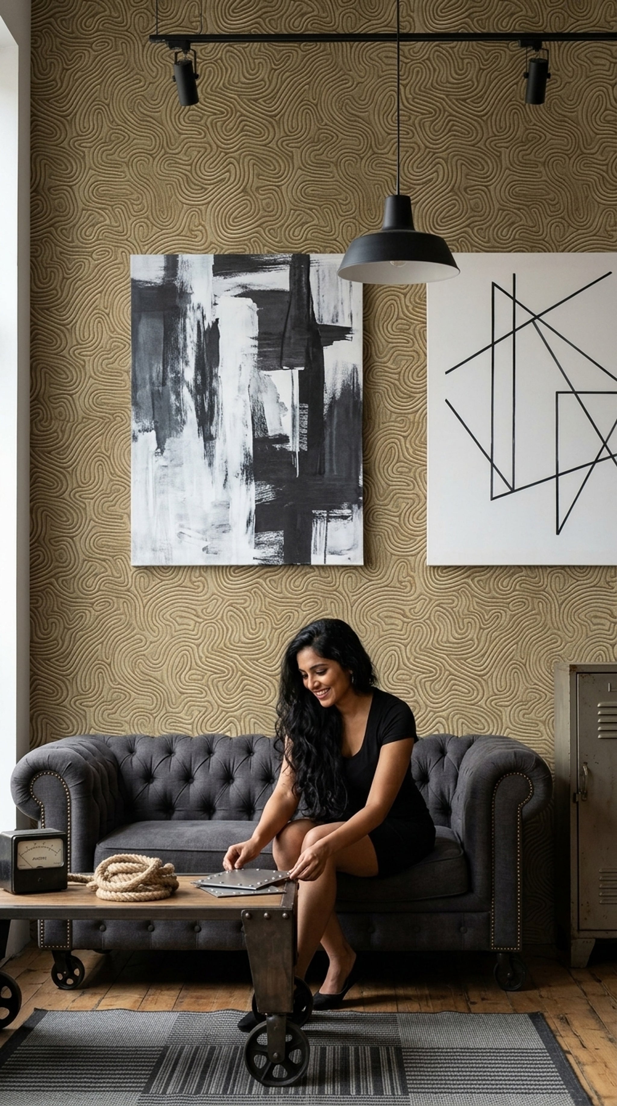 Soyut Kıvrımlı Çizgili Duvar Kağıdı Bej Modern Salon