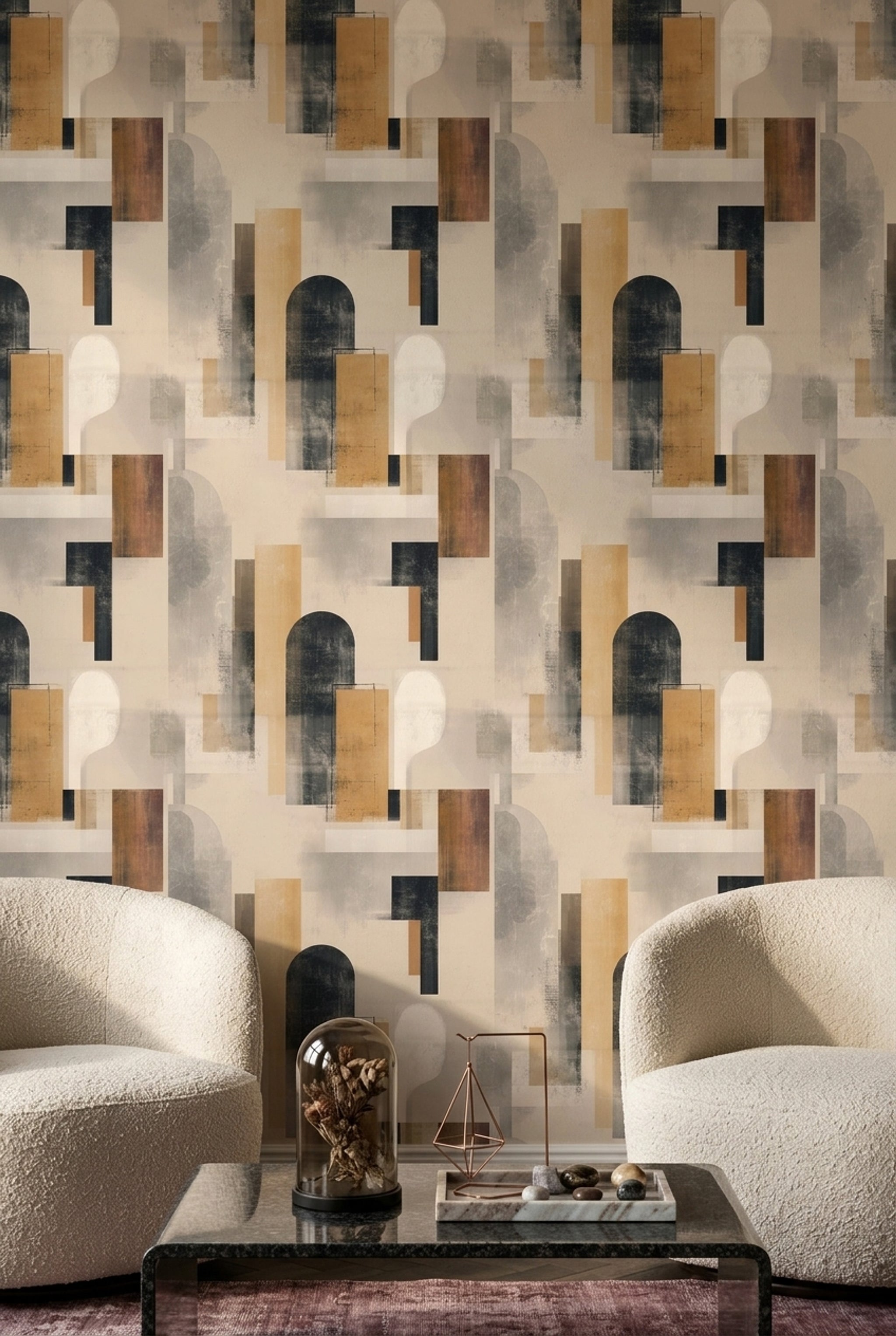 Soyut Geometrik Duvar Kağıdı Bej Siyah Modern Salon