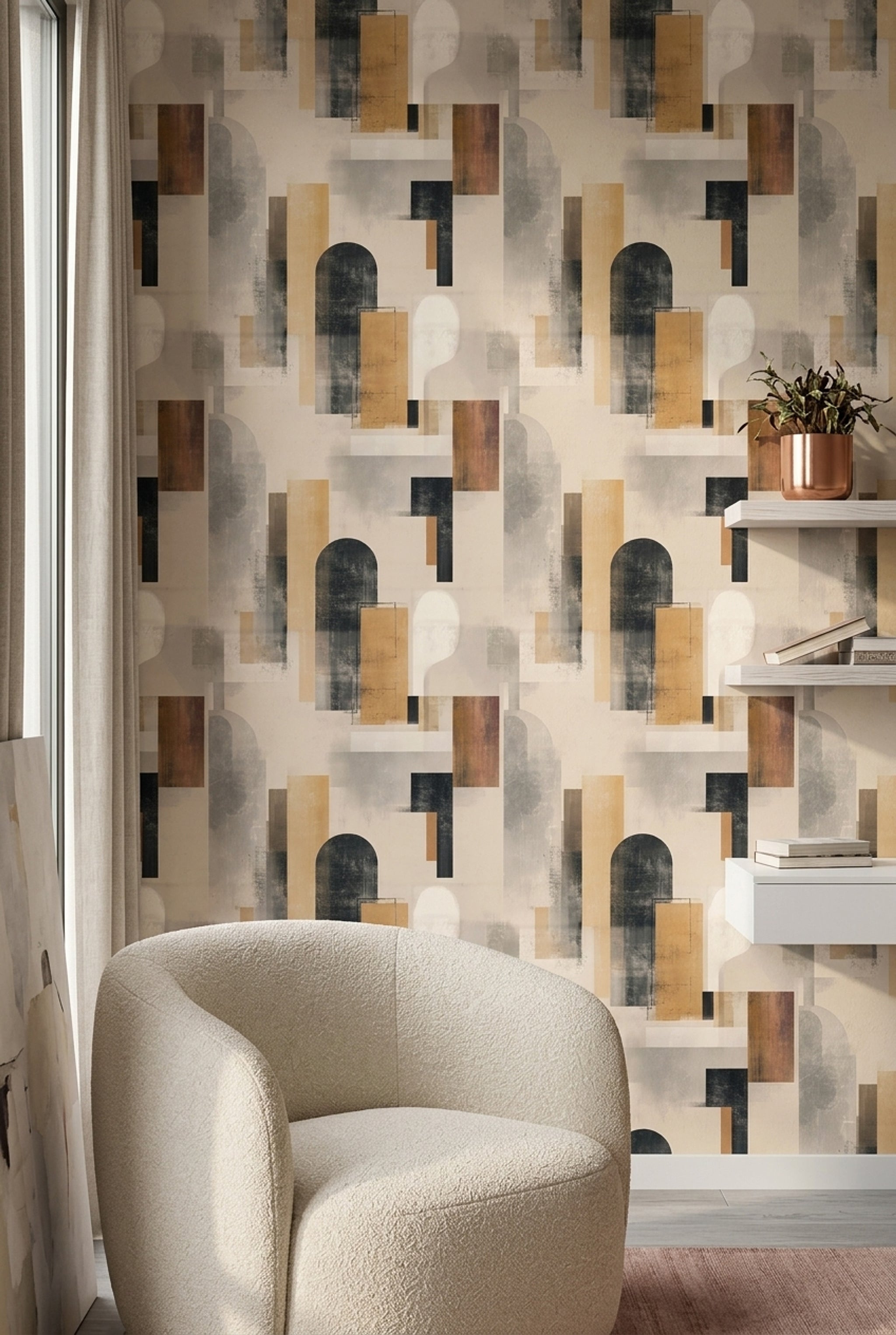 Soyut Geometrik Duvar Kağıdı Bej Siyah Modern Salon
