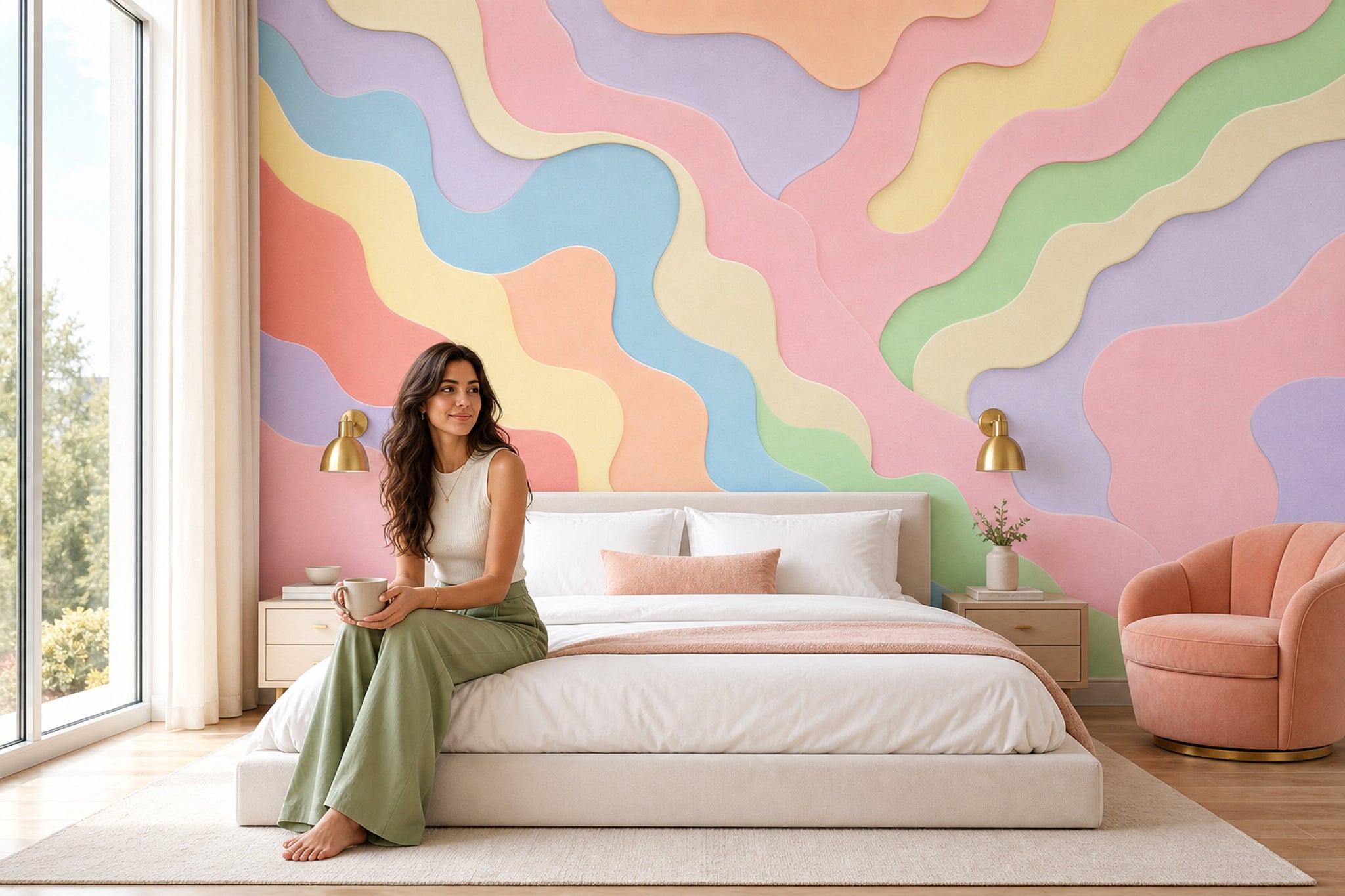 Pastel Dalgalı Soyut Poster Duvar Kağıdı Renkli Salon Duvarı
