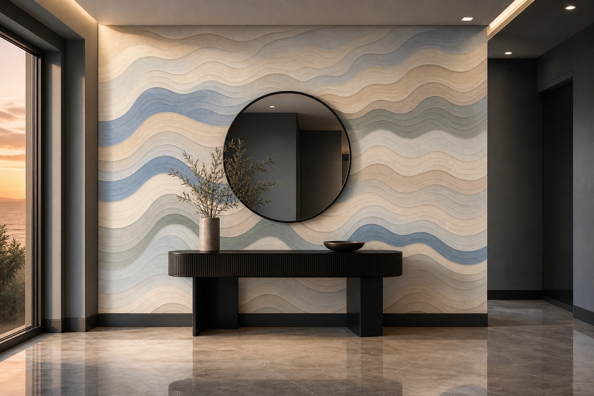 Dalgalı Çizgili Poster Duvar Kağıdı Bej Mavi Modern Salon