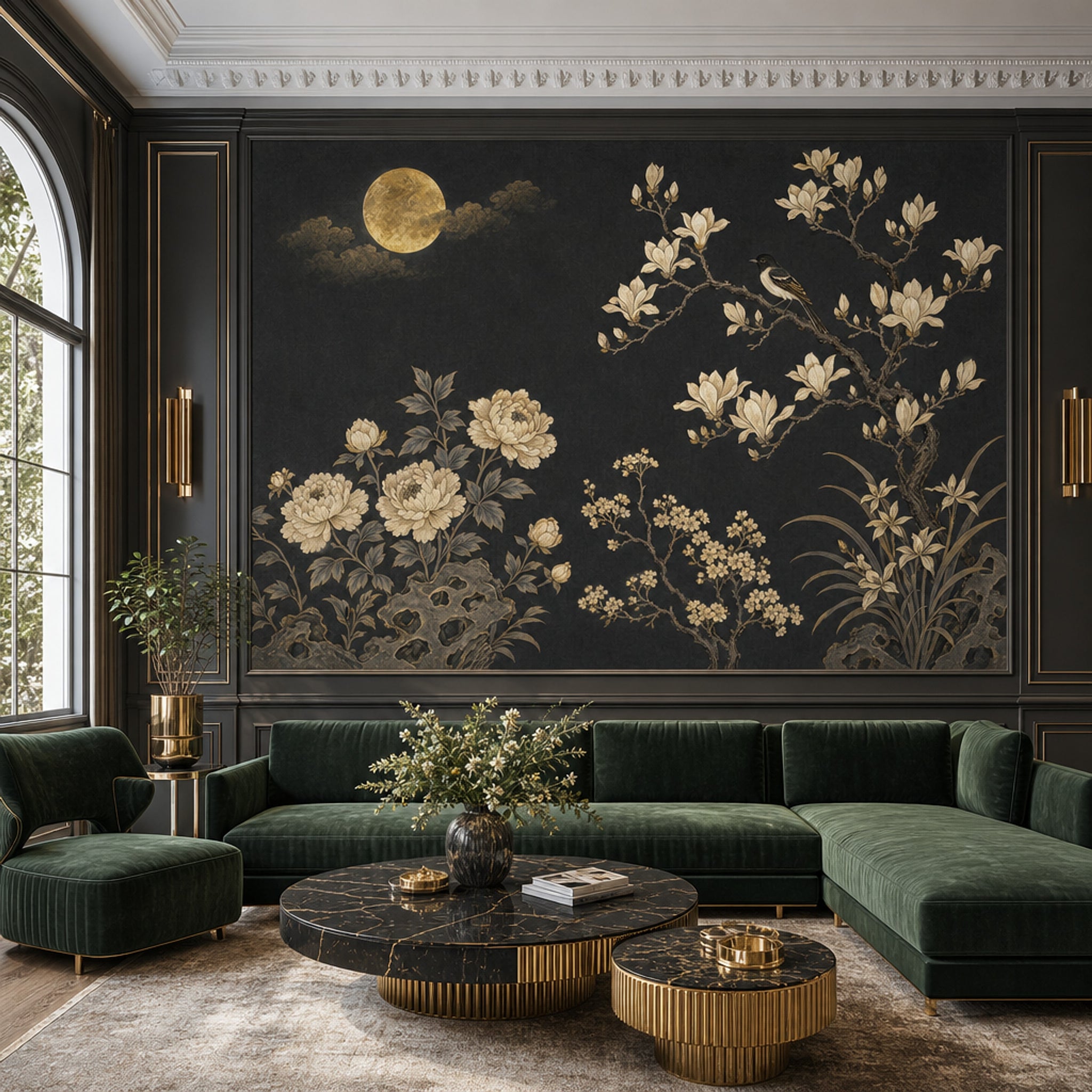 Ay Işığında Kuşlu Çiçek Desenli Poster Duvar Kağıdı Salon
