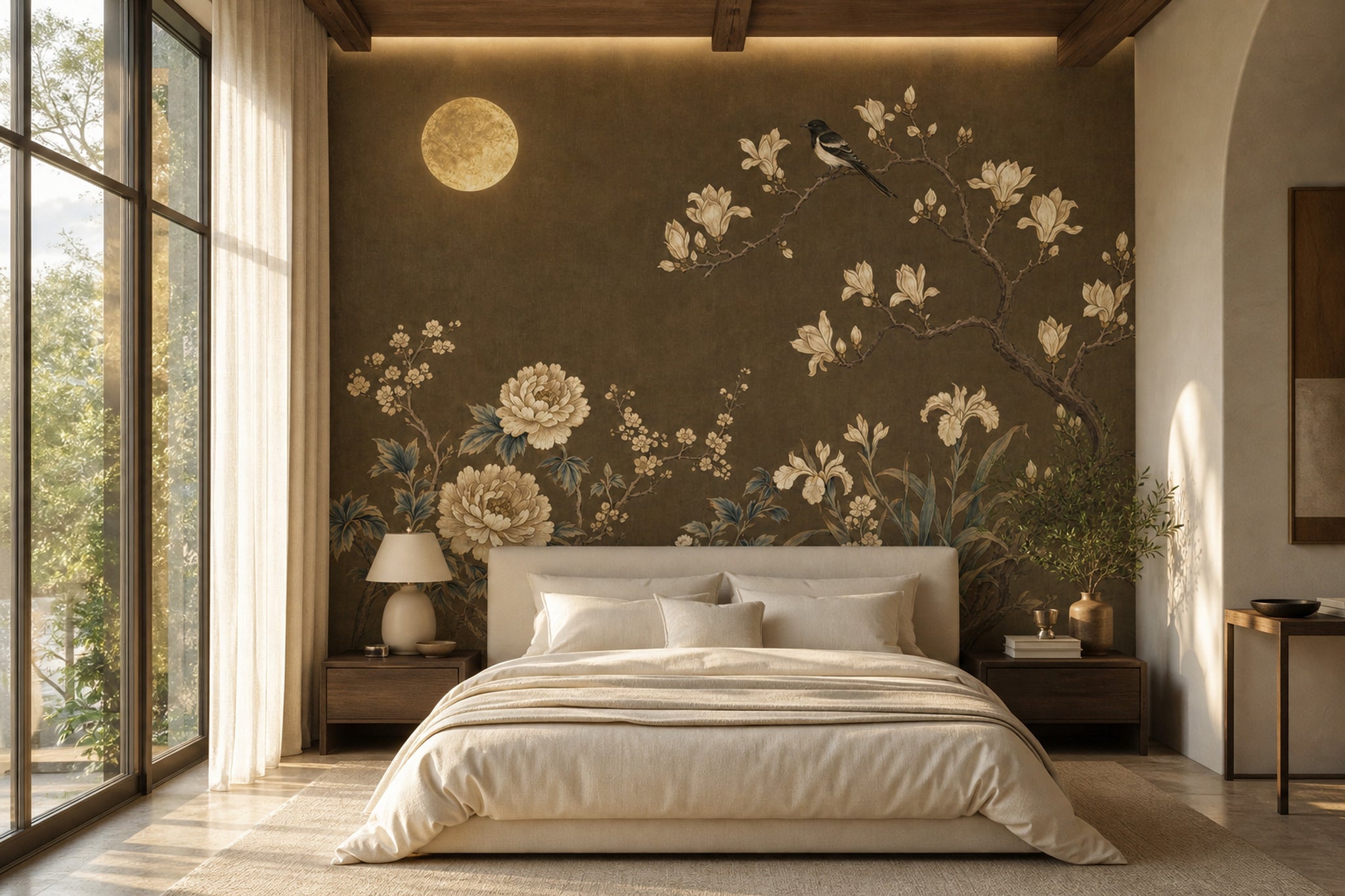 Ay ve Çiçekli Poster Duvar Kağıdı Kahverengi Yatak Odası
