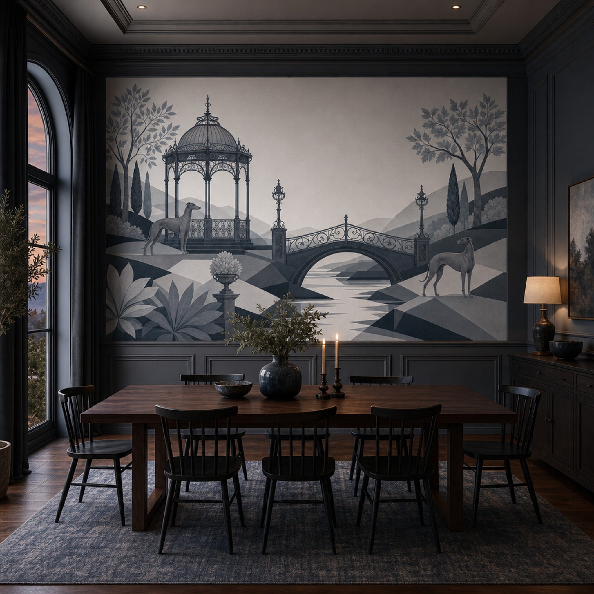 Köprü ve Köşk Manzaralı Poster Duvar Kağıdı Gri Salon