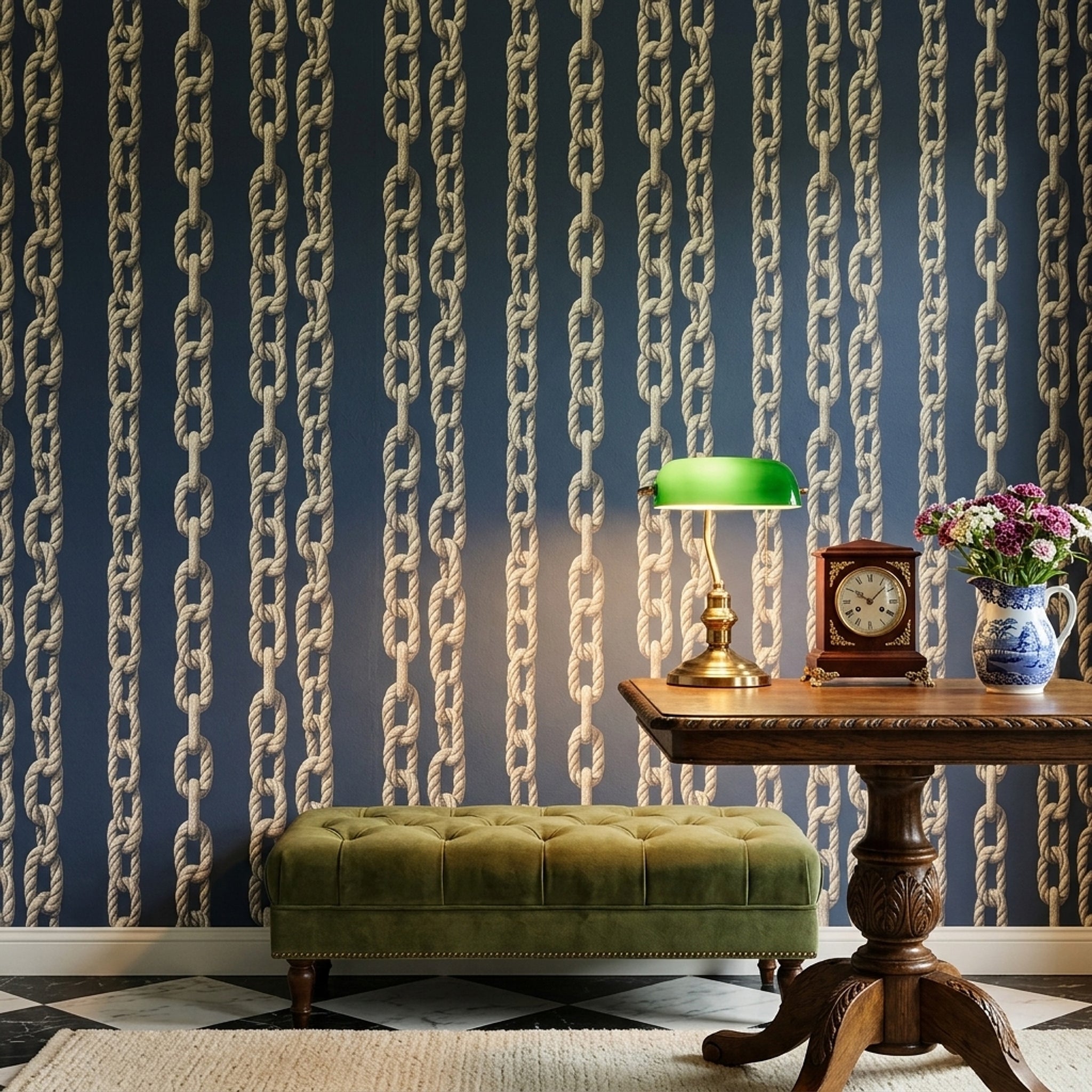 Halat Zincir Desenli Duvar Kağıdı Lacivert Bej Salon