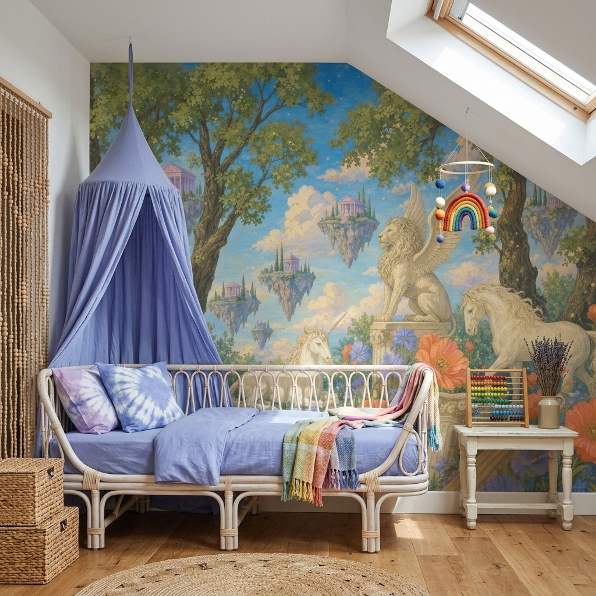 Unicorn ve Kanatlı Aslan Poster Duvar Kağıdı Mavi Masalsı