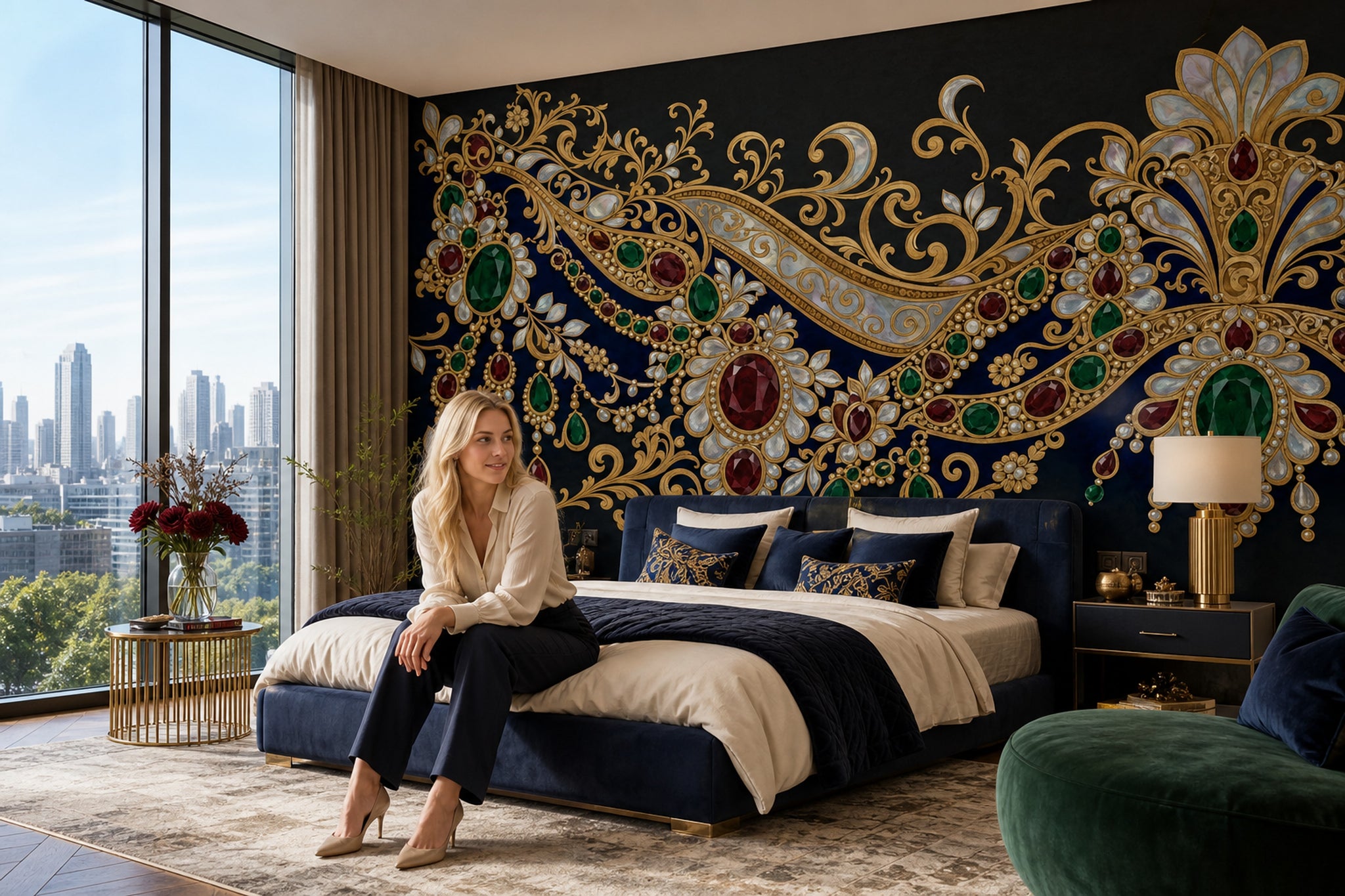 Mücevherli Osmanlı Motifli Poster Duvar Kağıdı Lacivert Altın Salon