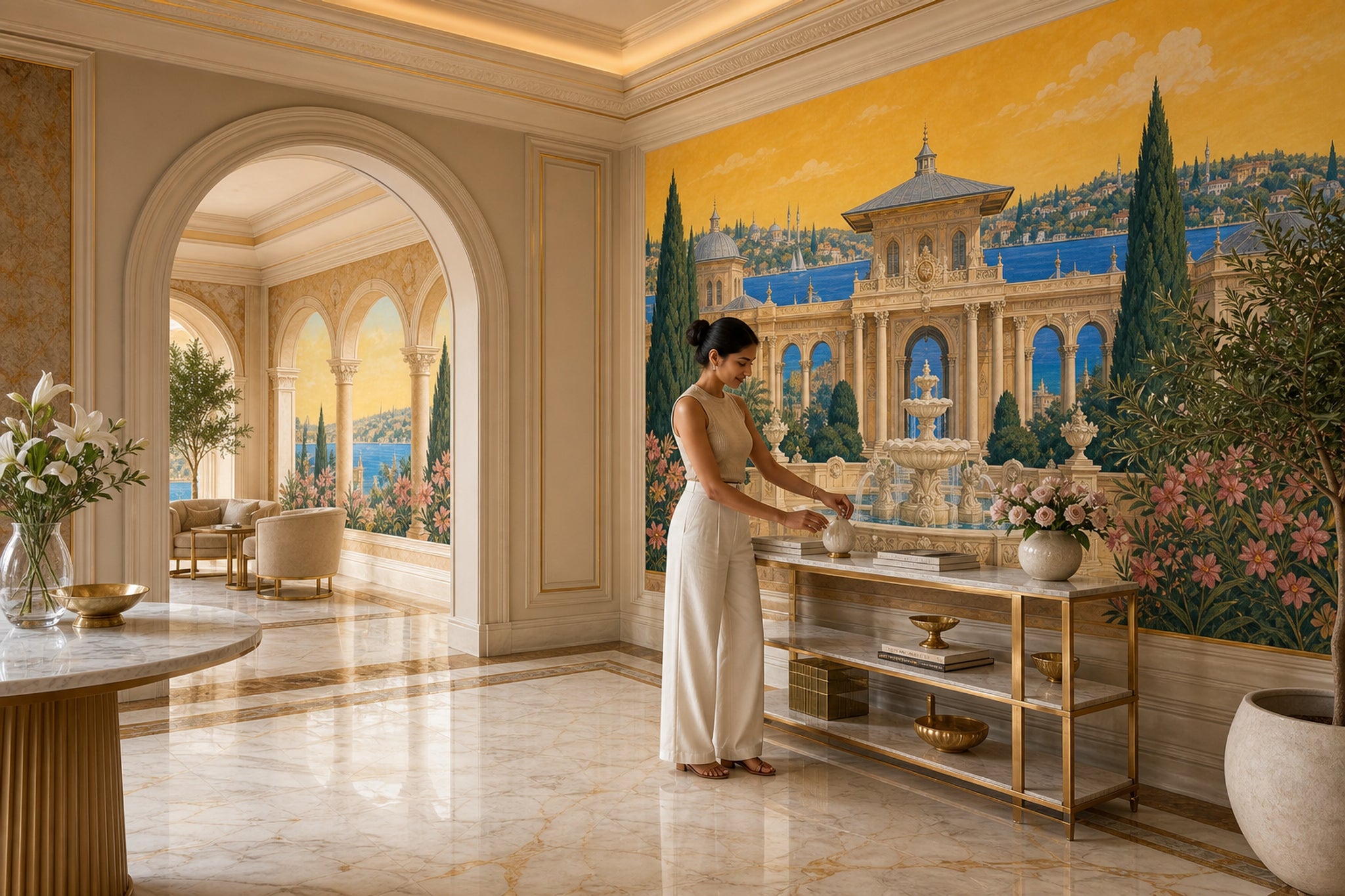 İstanbul Boğazı Saray Manzaralı Poster Duvar Kağıdı Sarı Tonlar