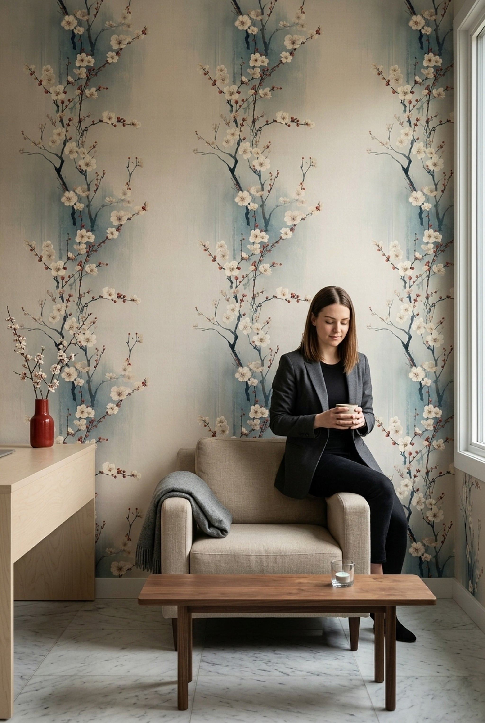 Sakura Çiçekli Duvar Kağıdı Mavi Krem Salon Deseni