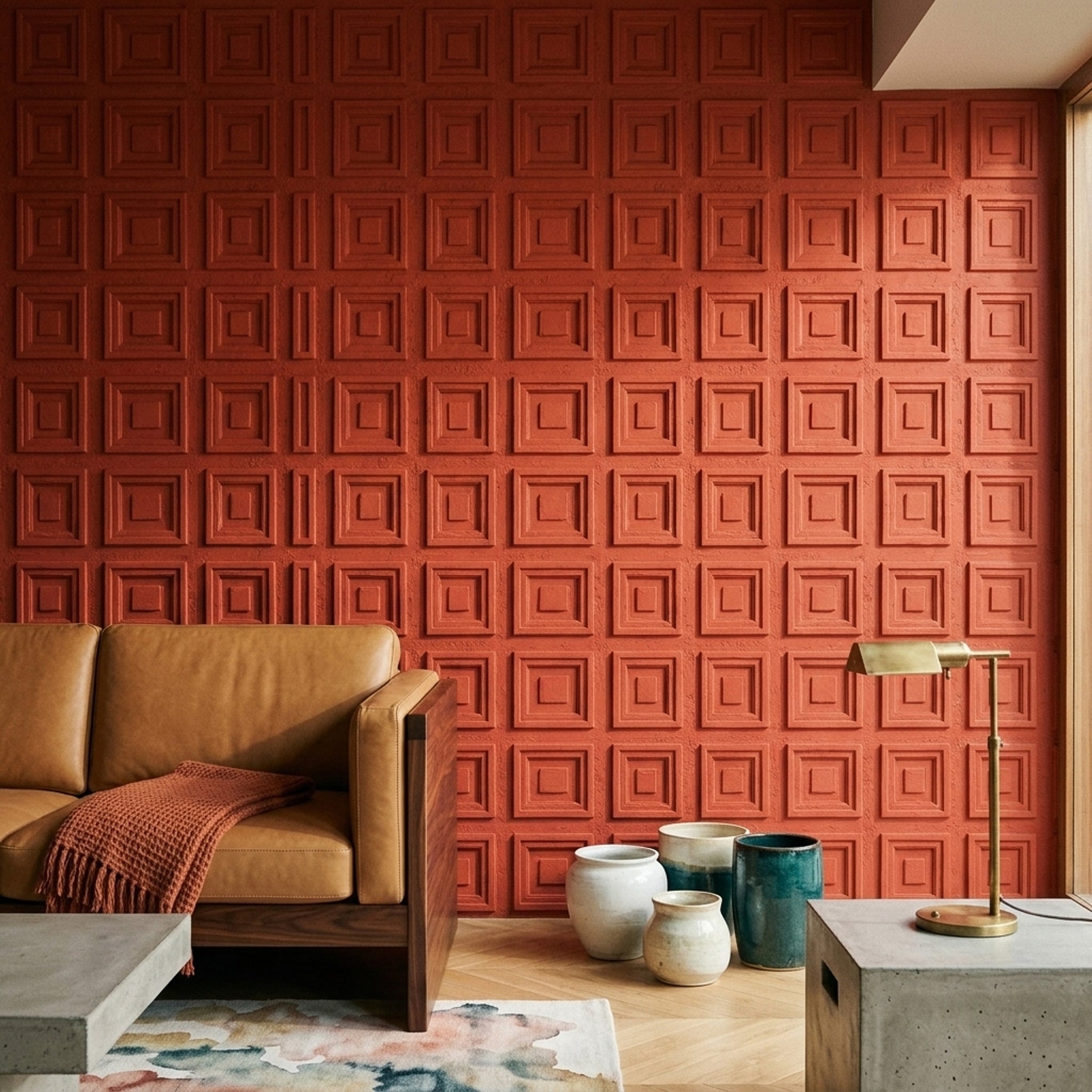 Kare Panelli Duvar Kağıdı Kiremit Kırmızısı Geometrik Desen
