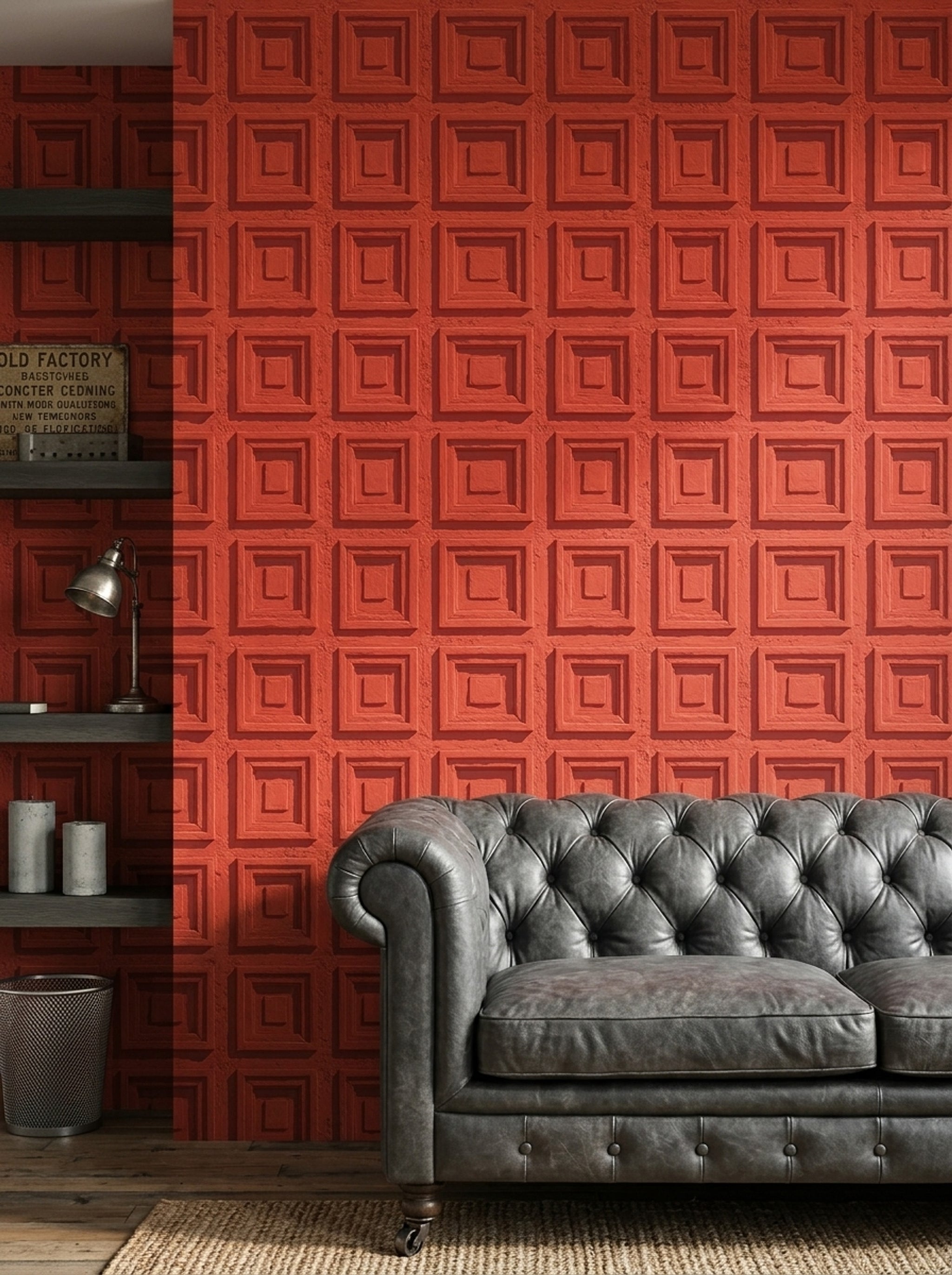 Kare Panelli Duvar Kağıdı Kiremit Kırmızısı Geometrik Desen
