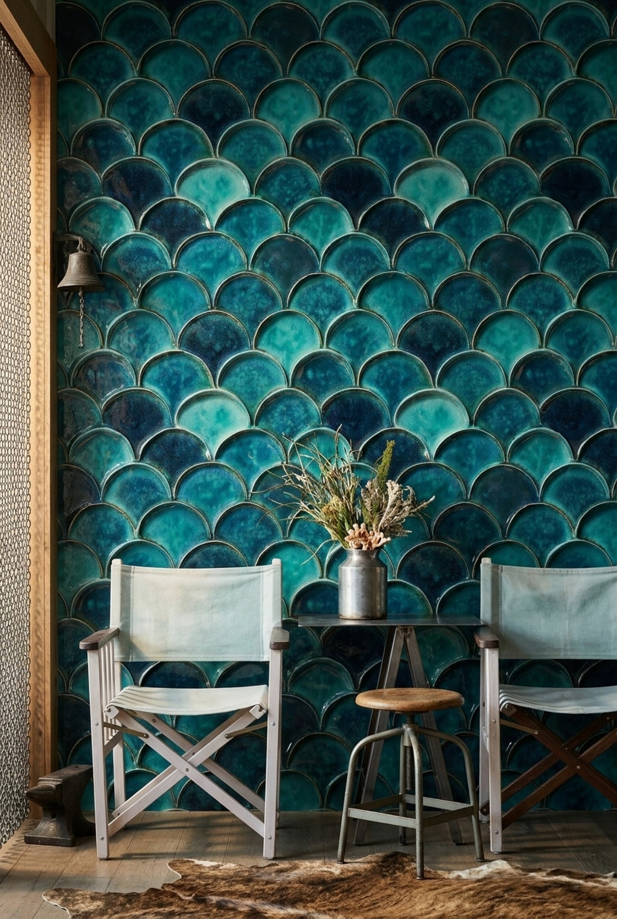 Balık Pulu Desenli Duvar Kağıdı Turkuaz Modern Salon