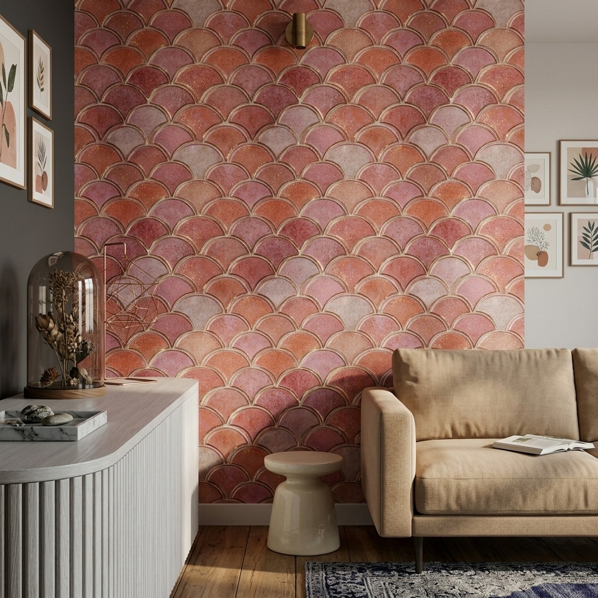 Art Deco Balık Pulu Duvar Kağıdı Pudra Pembe Desenli