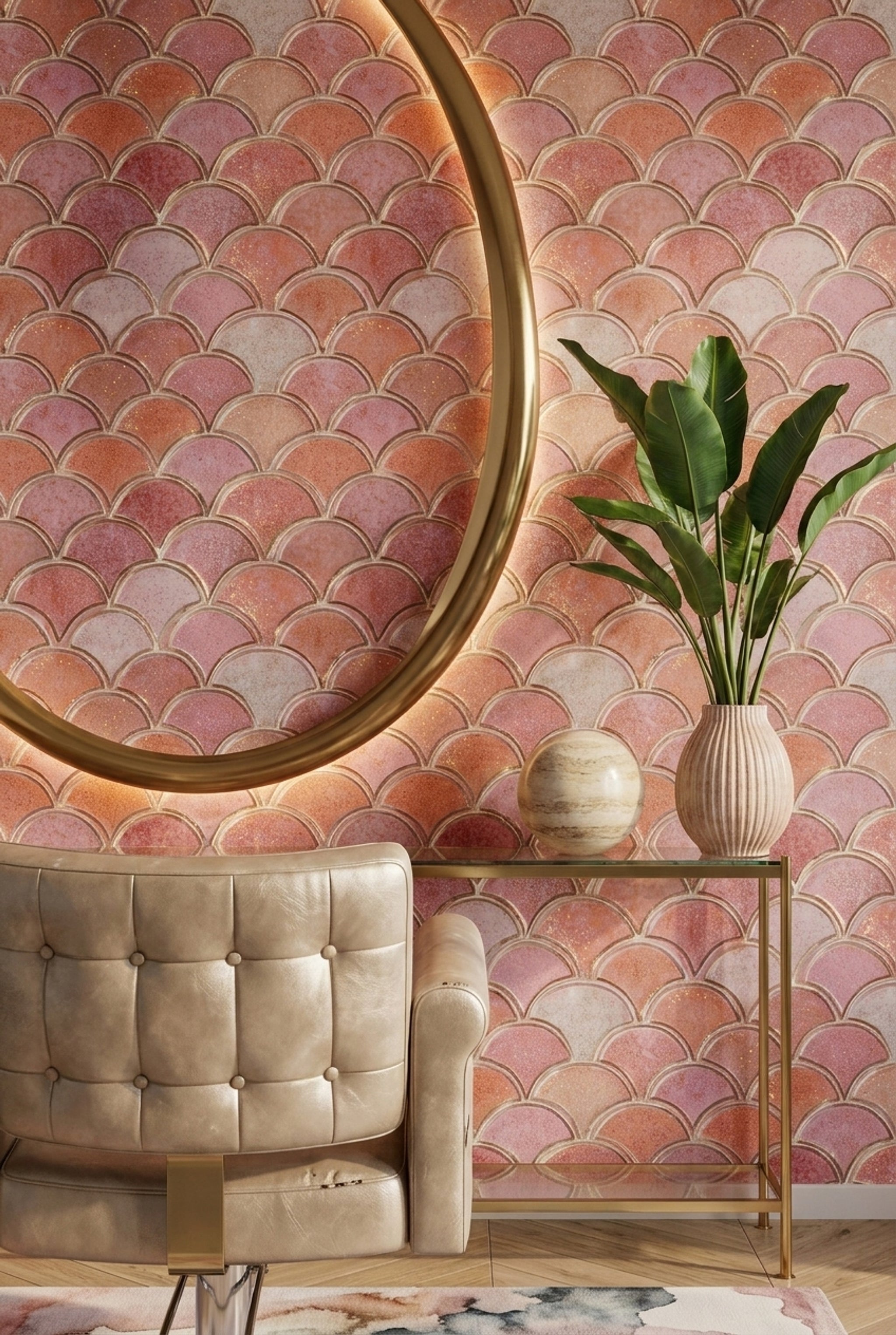 Art Deco Balık Pulu Duvar Kağıdı Pudra Pembe Desenli