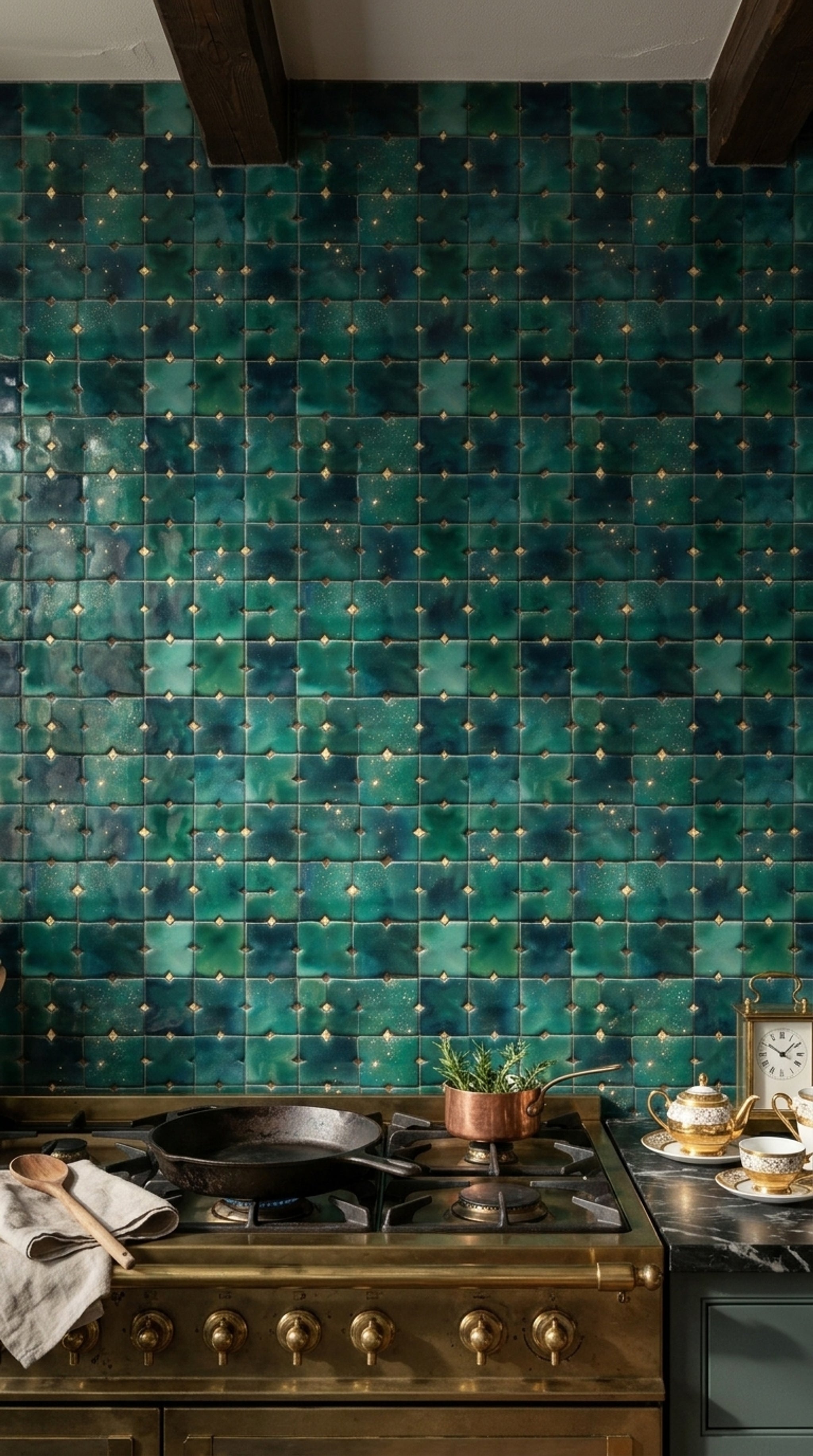 Zümrüt Yeşil Kare Desenli Duvar Kağıdı Modern Salon