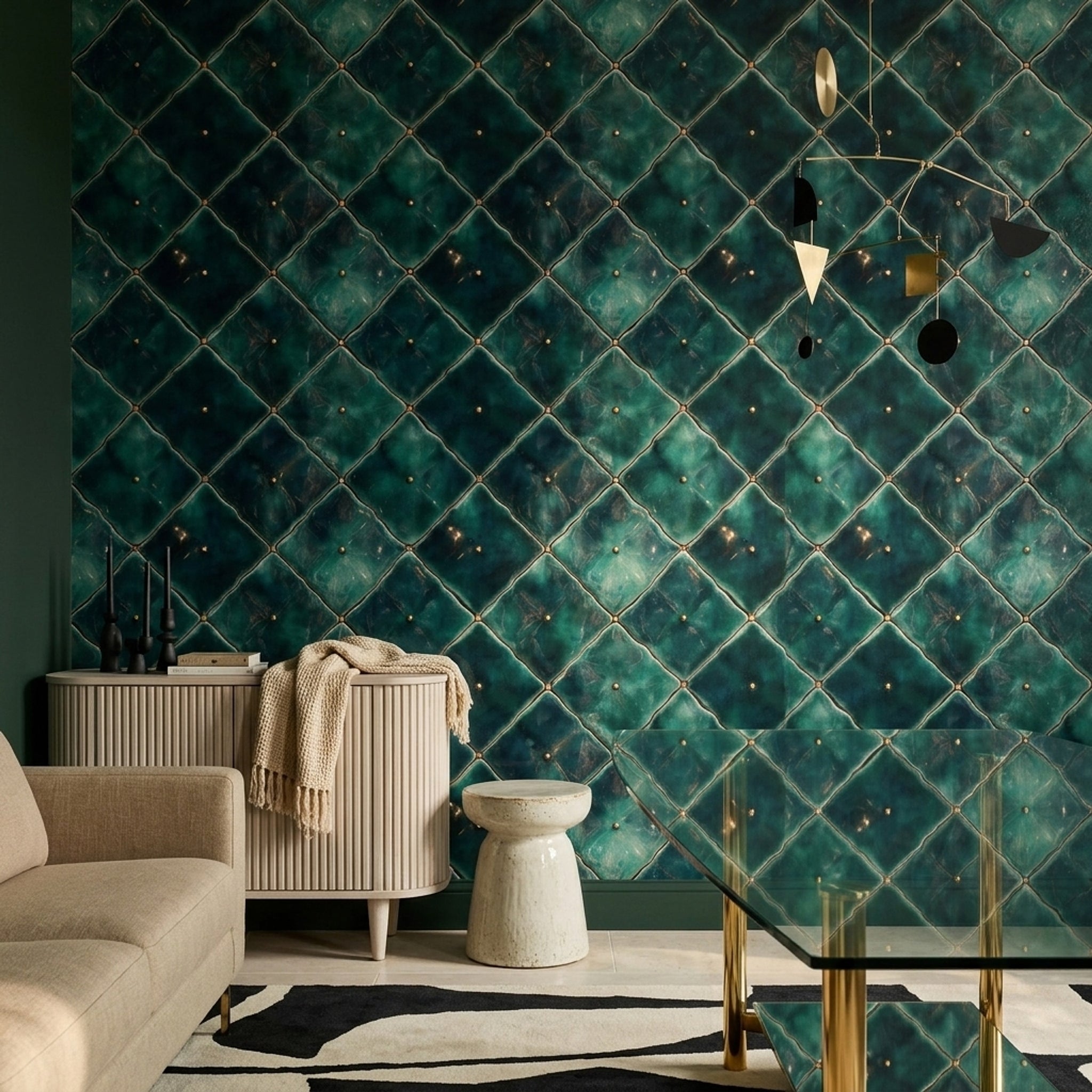 Zümrüt Yeşili Kapitone Desenli Duvar Kağıdı Modern Salon