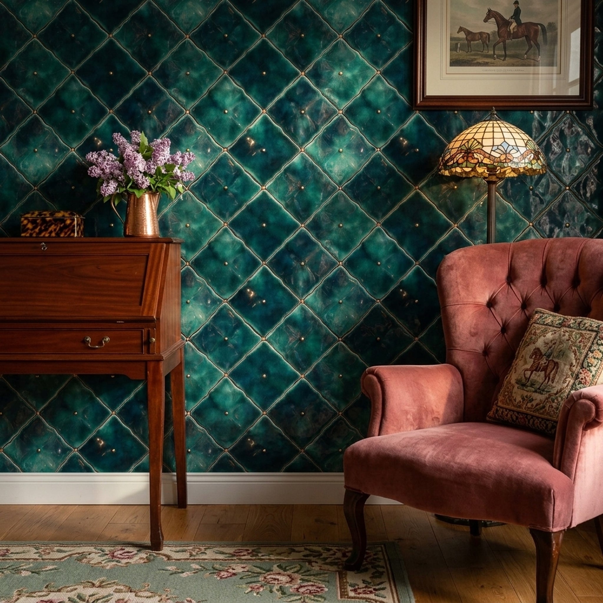 Zümrüt Yeşili Kapitone Desenli Duvar Kağıdı Modern Salon