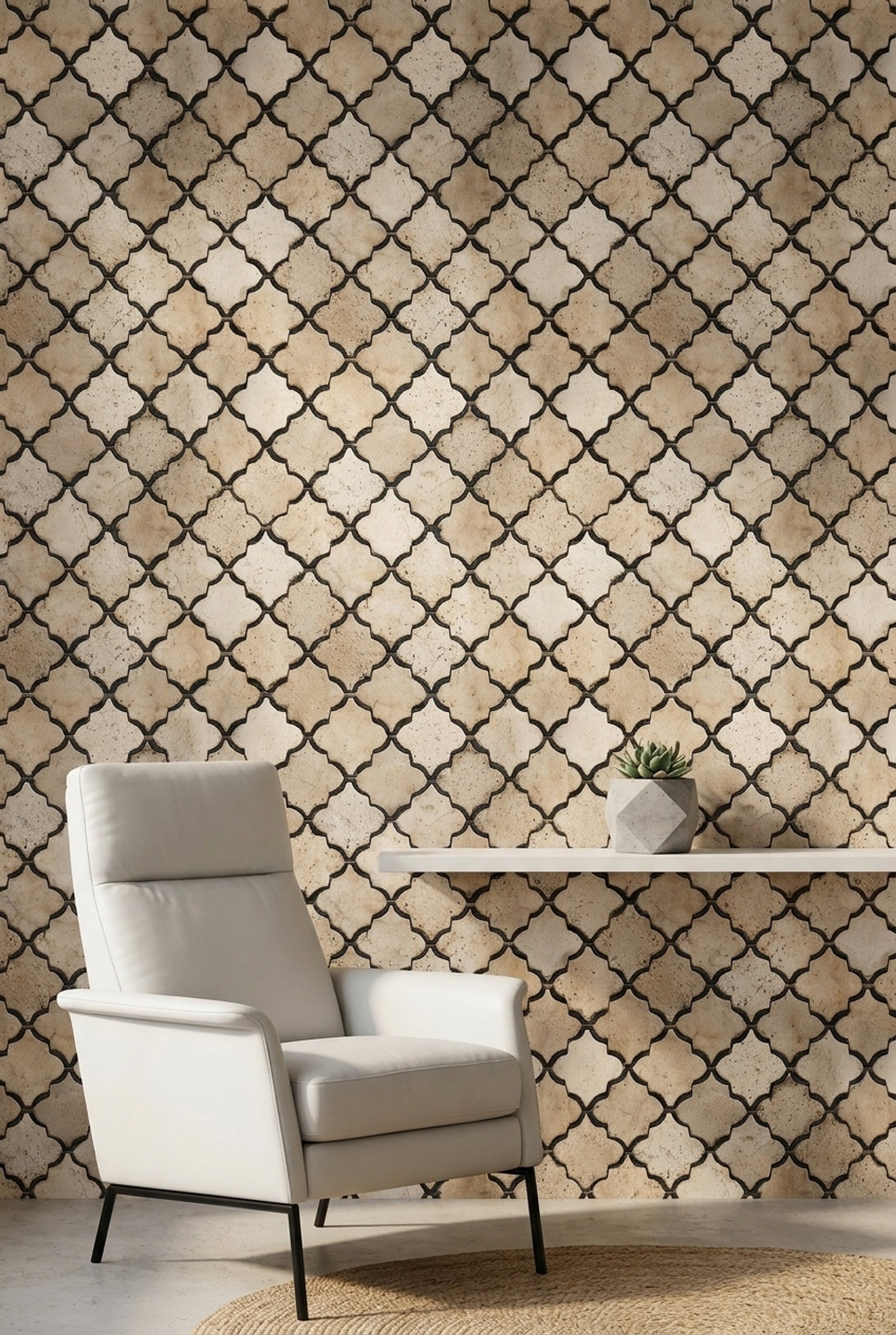 Fas Esintili Geometrik Duvar Kağıdı Bej Siyah Salon