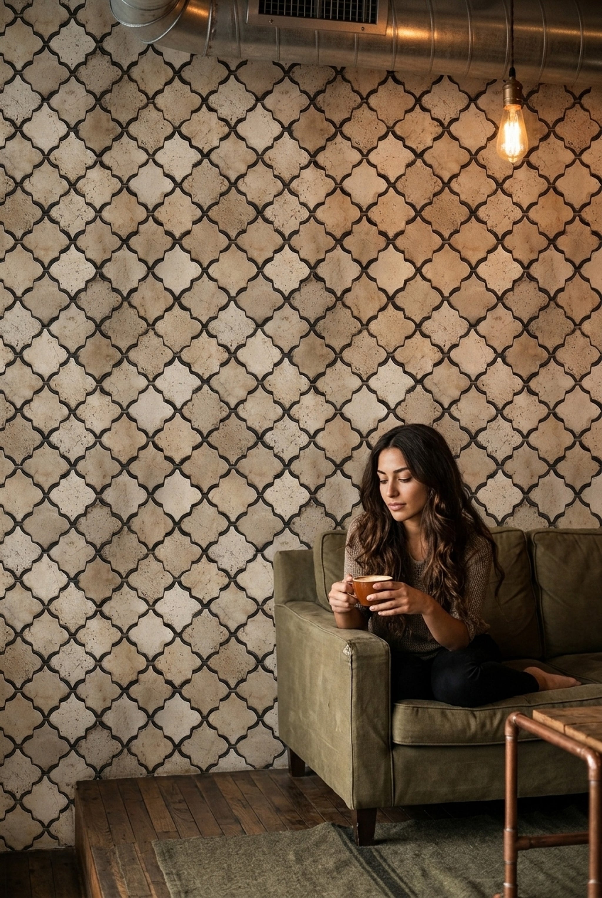 Fas Esintili Geometrik Duvar Kağıdı Bej Siyah Salon