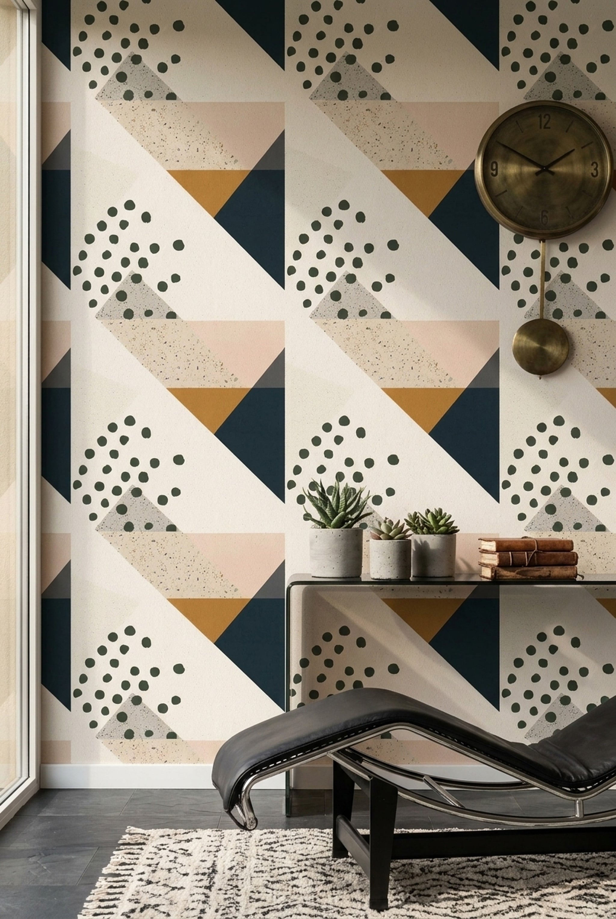 Geometrik Desenli Duvar Kağıdı Lacivert Hardal Modern Salon